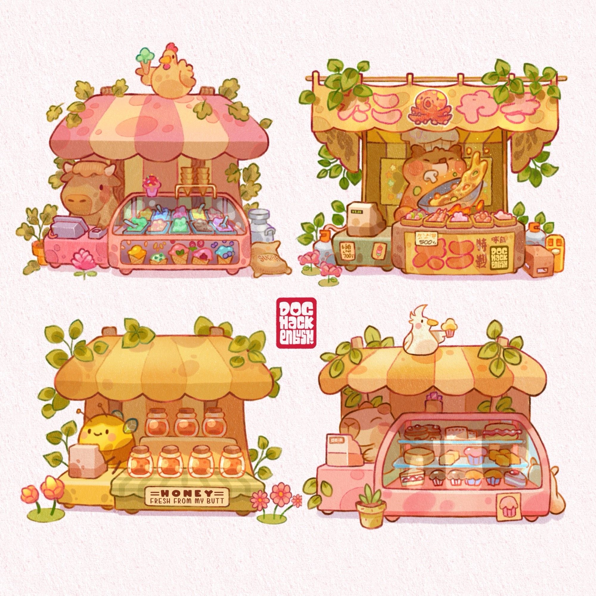 Illustrations: Four cosy food stalls run by animal pals: a cow runs an ice cream stall, a bear an Asian food stand, a bee sells jars of his own honey and a capybara has a cake stall.