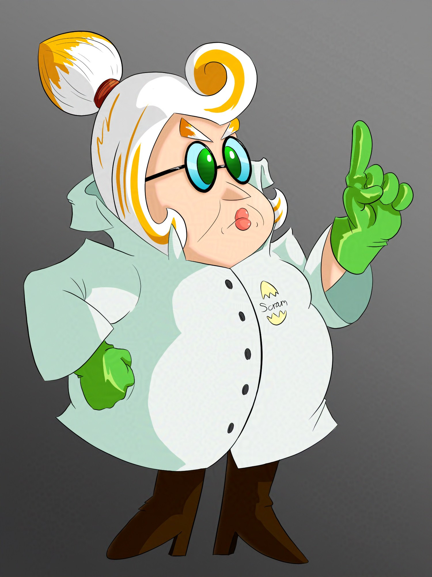 A short, round bodied old lady with white hair with blonde streaks, wearing a white labcoat, green shiny latex gloves and dark brown boots.

An original Character design for the WarioWare series, named Dr. Scram