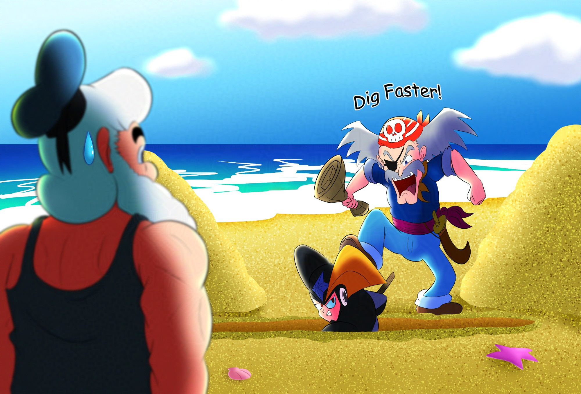 A scene at the beach during a scorching sunny day. In the Foreground, Dr. Light stands with a sweatdrop of nervousness as Dr. Wily screams and rants at Bass to dig faster in search of treasure on the beach. Bass is already neck deep in a hole he has dug.