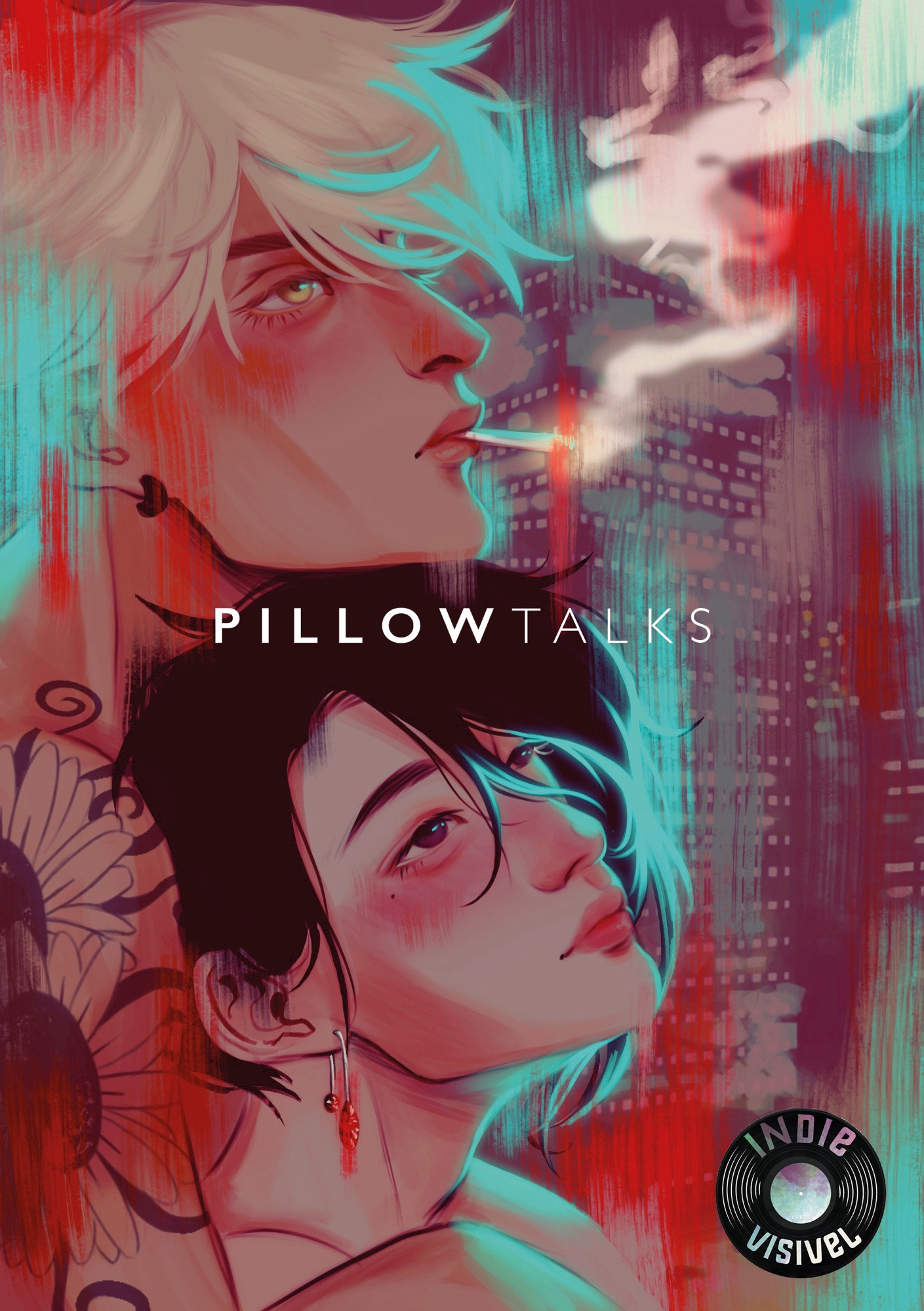 A imagem é uma capa de Pillow Talks. Ela traz os dois protagonistas, Nico e Dazai. Nico é um homem loiro, de olhos verdes, pele bronzeada e cabelos bagunçados. Ele possui uma tatuagem de girassóis em seu antebraço esquerdo, segura um cigarro em sua boca e apoia seu queixo na cabeça de Dazai. Dazai é um rapaz de ascendência japonesa, com cabelos pretos e assimétricos, mais longos do lado esquerdo, e uma pinta logo abaixo de seu olho direito. Os dois são iluminados por luz neon azul e trazem expressões sérias, quase melancólicas. No centro, o título “Pillow Talks” é escrito em letras brancas e no canto inferior direito do desenho há a logo do estúdio Indievisivel Press, que está publicando o quadrinho.