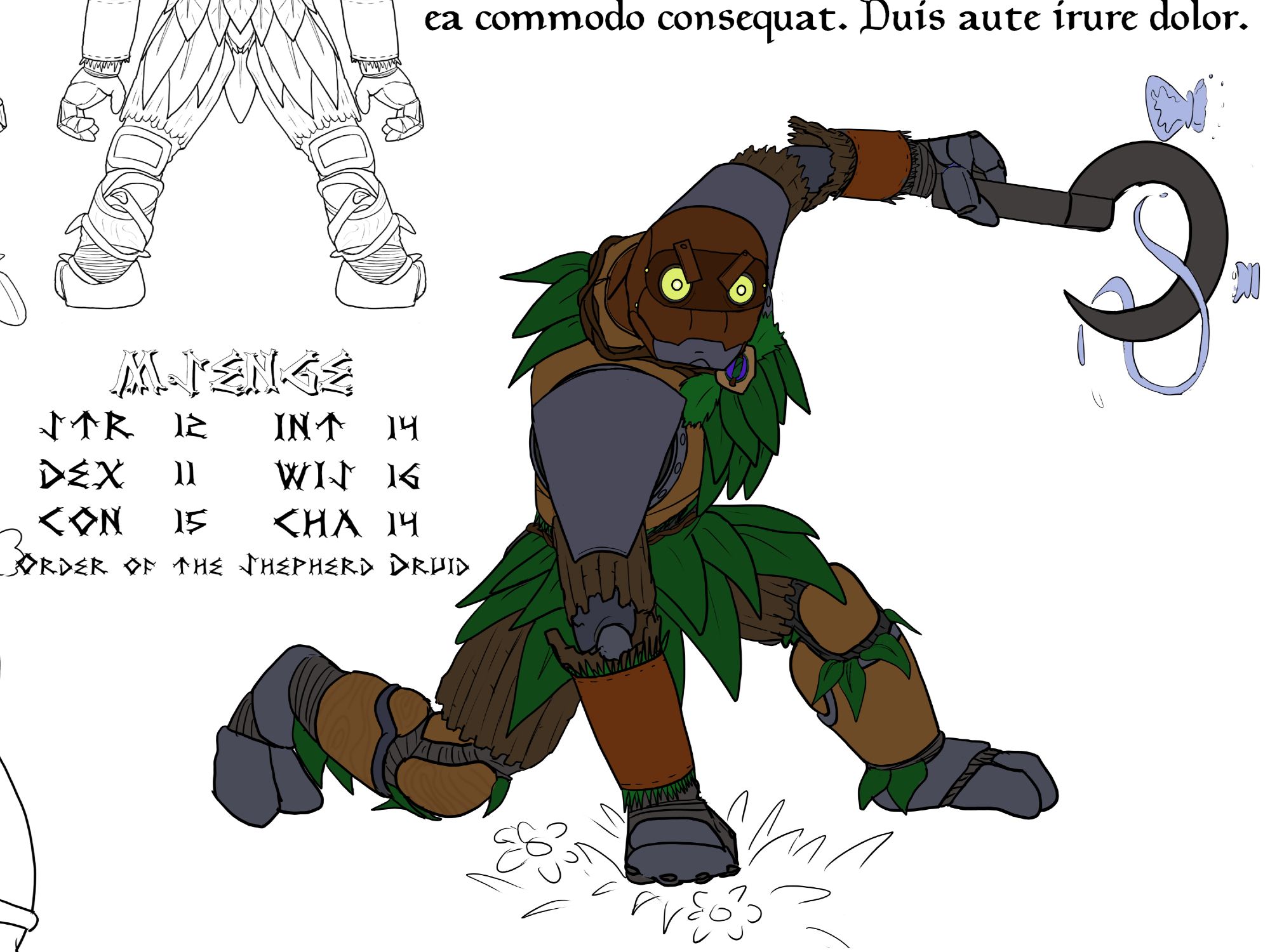 Partially colored reference image of a wood and stone Warforged named Msenge, posing dynamically for the camera. He has a very druidy look with leaves growing out of him.