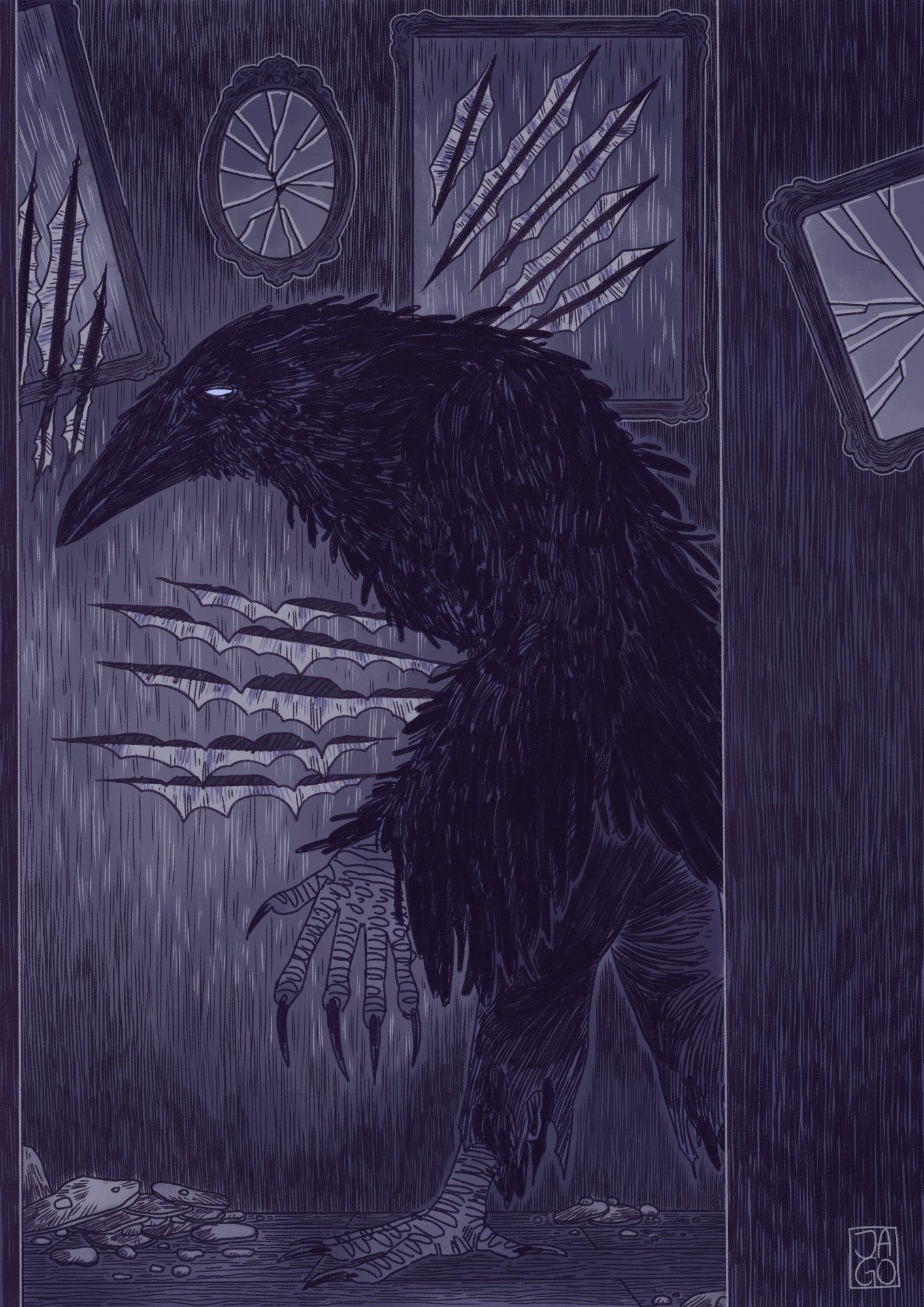 A monstrous humanoid raven seen in it's side profile is walking through a delapidated corridor with claw marks on it's walls. The walls are lined by a few destroyed, unreconizeable paintings. The raven monster walks hunched over, it's wings-like arms have hand-like claws on it's end, while it's feet look more like bird feet. It is wearing torn pants. It's eyes are similar to cloudy, pale human eyes. It's feather coat it ruffled.