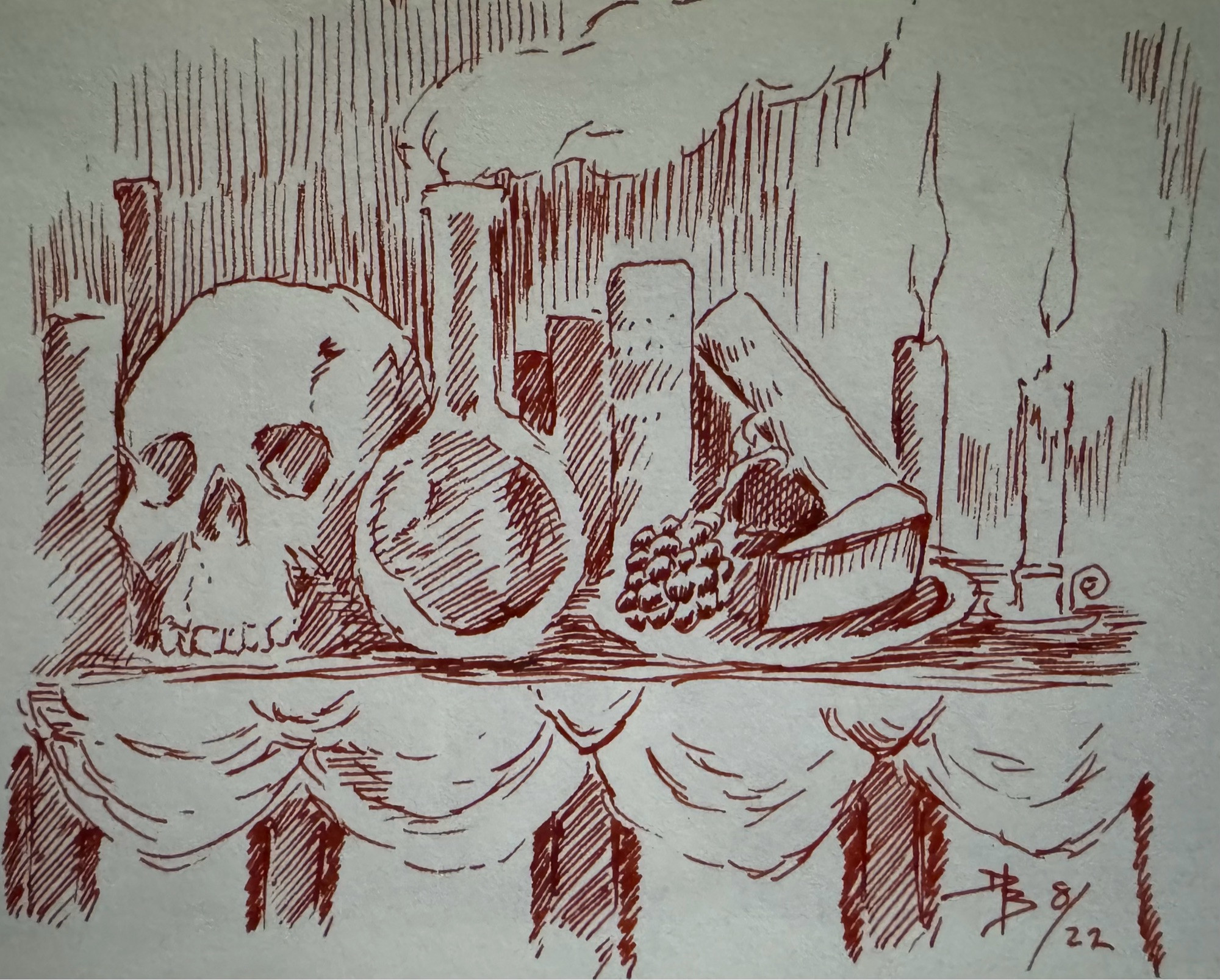 An assortment of objects including a skull, a flask, grapes and cheese on a plate, candles, and books.