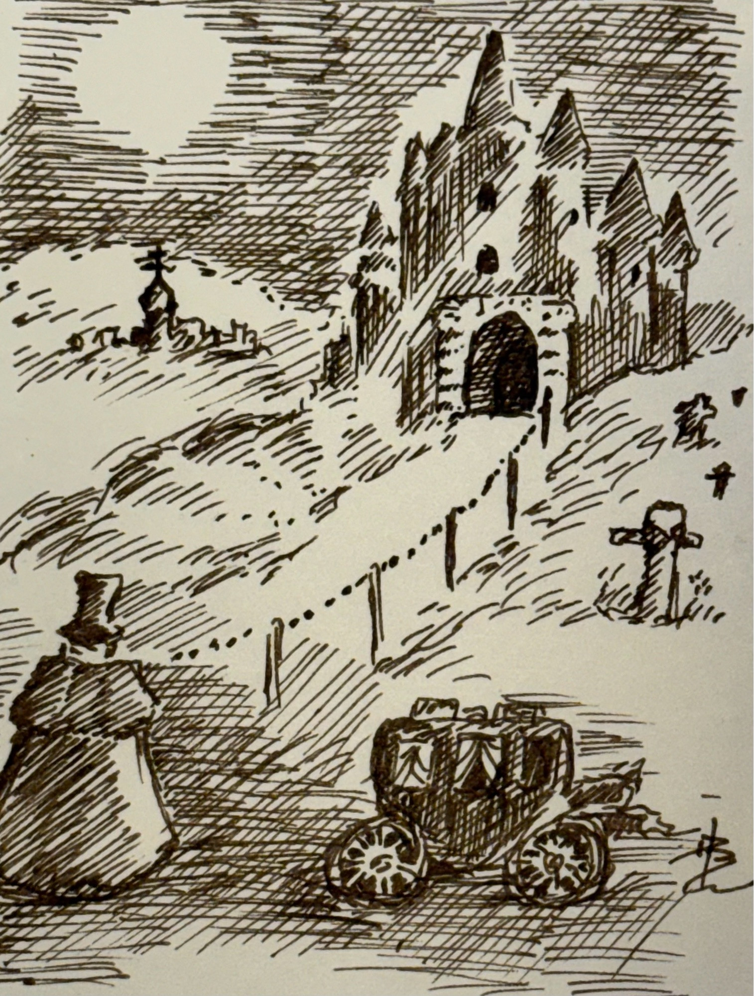 A cloaked figure with a top hat is in the foreground. Further in front is a 4-wheeled coach. There is a path leading to a chateau. The full moon is bright in the darkening sky.