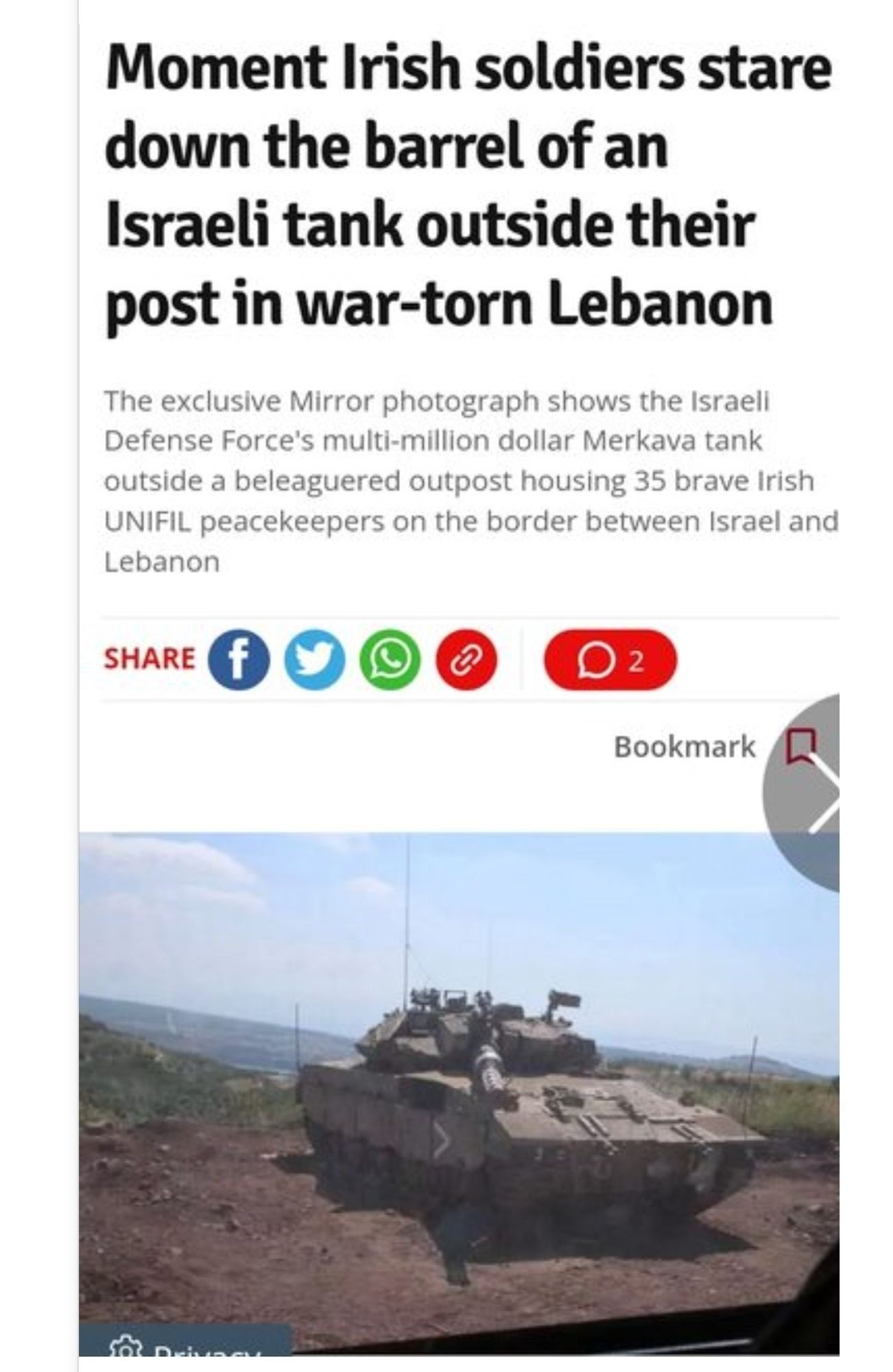 Screenshot of an Irish Mirror article with a pic of an Israeli tank pointing at the front door or Irish UN peacekeepers.