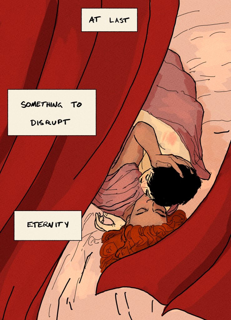 Page 2: Drawing of the two women from the previous page embracing on a bed, framed by red flowing drapes. Text: “at last, something to disrupt eternity”