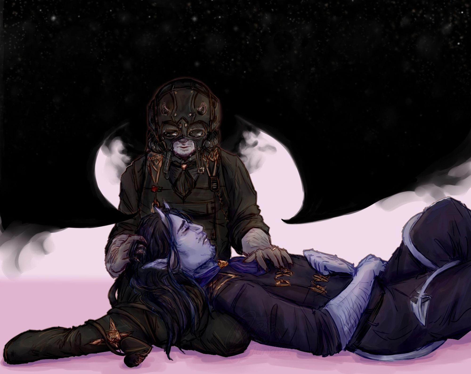 a digital drawing of two nameless ghoul oc's based on the band Ghost BC; one is sitting with their legs tucked together to the side acting as a pillow for the larger blue-skin toned ghoul who has his head resting in the lap, eyes closed with a somewhat discomforted expression as if having a bad dream.

the ghoul whose lap he's on looks worried for the other, his mouth open as if singing softly with tears as he's running a hand through the other's long blue and black hair, as the other rests on haze's chest to soothe him. Haze, the ghoul laying down, has his arms crossed at rest but one hand curled with tension as his tail wraps around his leg. shadow also has his tail wrapped around one of his tucked legs.

both are wearing impera-era ghoul uniform, though haze has a blue neck tie instead of black while shadow has a walki-talki and rose pin. Behind them, shadow has a pair of bat-like wings made of pure shadows with stars beginning to fade into them near the top.