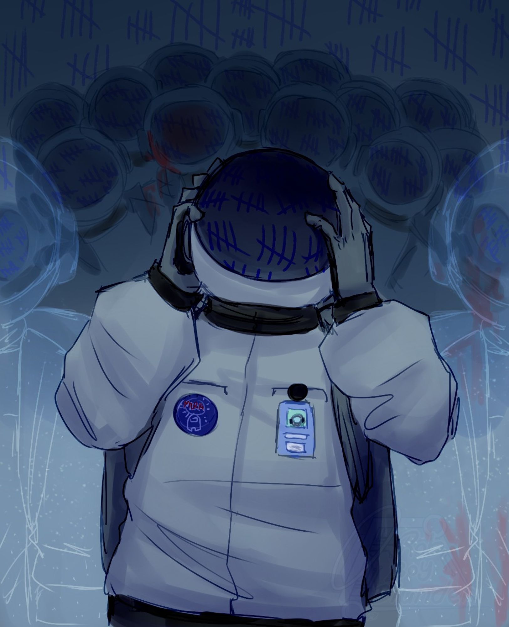 a digital drawing of a gray-suited among us astronaut OC who is holding their helmet with an air of distraught as they're surrounded by ethereal echoes of themself and tally marks reflect on their visor. lined up behind them are a bunch of copies with blue tally marks reflecting in their visors and floating around them showing a long passing of a cycle. one of the iterations has blood on them denoting an impostor role.

in the front, two ghostly versions of themself flank both sides with a normal crewmate version to the left and a bloodied imposter version to the right; they're pale and have stars in them. the main figure is wearing Mira and ID badges.