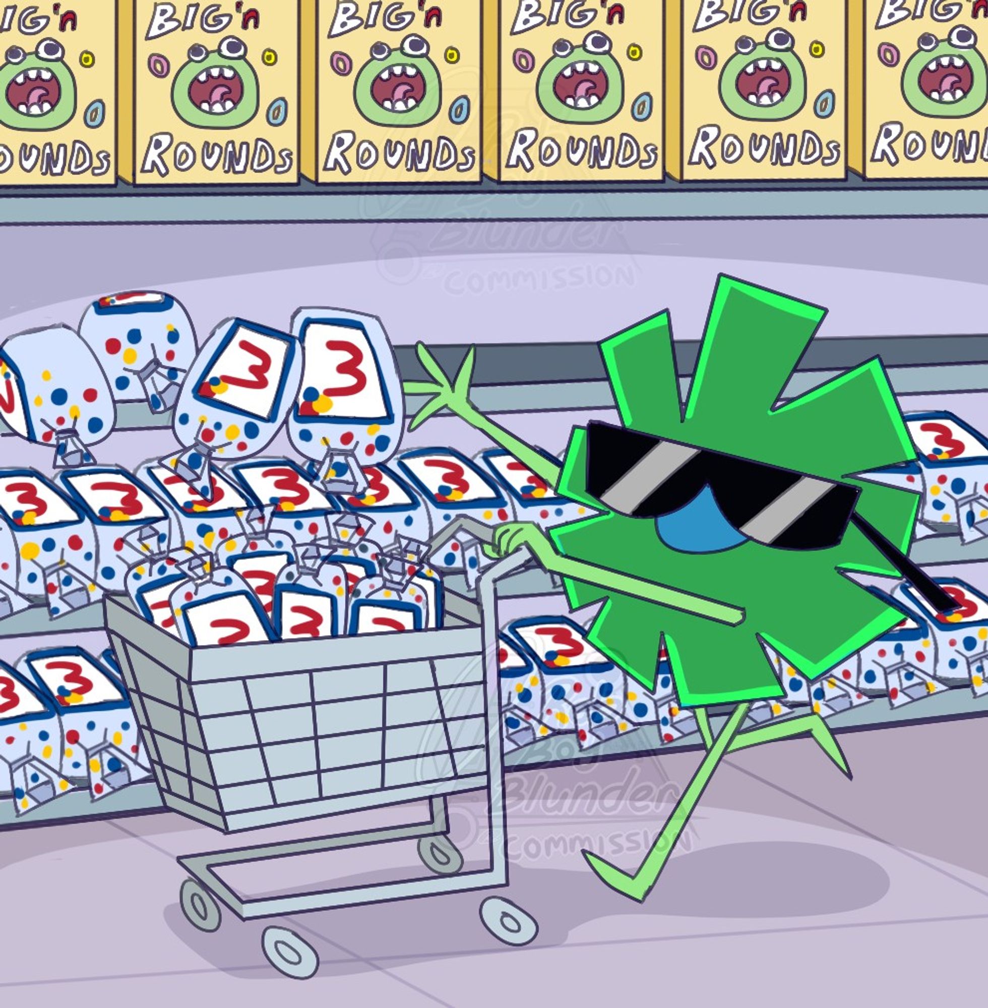 a digital drawing of pokkin's sona, a green sunflower with sunglasses, stylized in the fairly odd parents art style shopping for mass amounts of wonderbread in a grocery store. they're strolling knocking bread into the cart. on the top shelf is a line of yellow cereal boxes called "big n rounds" that has a green circle mascot with googly eyes and a big open mouth.