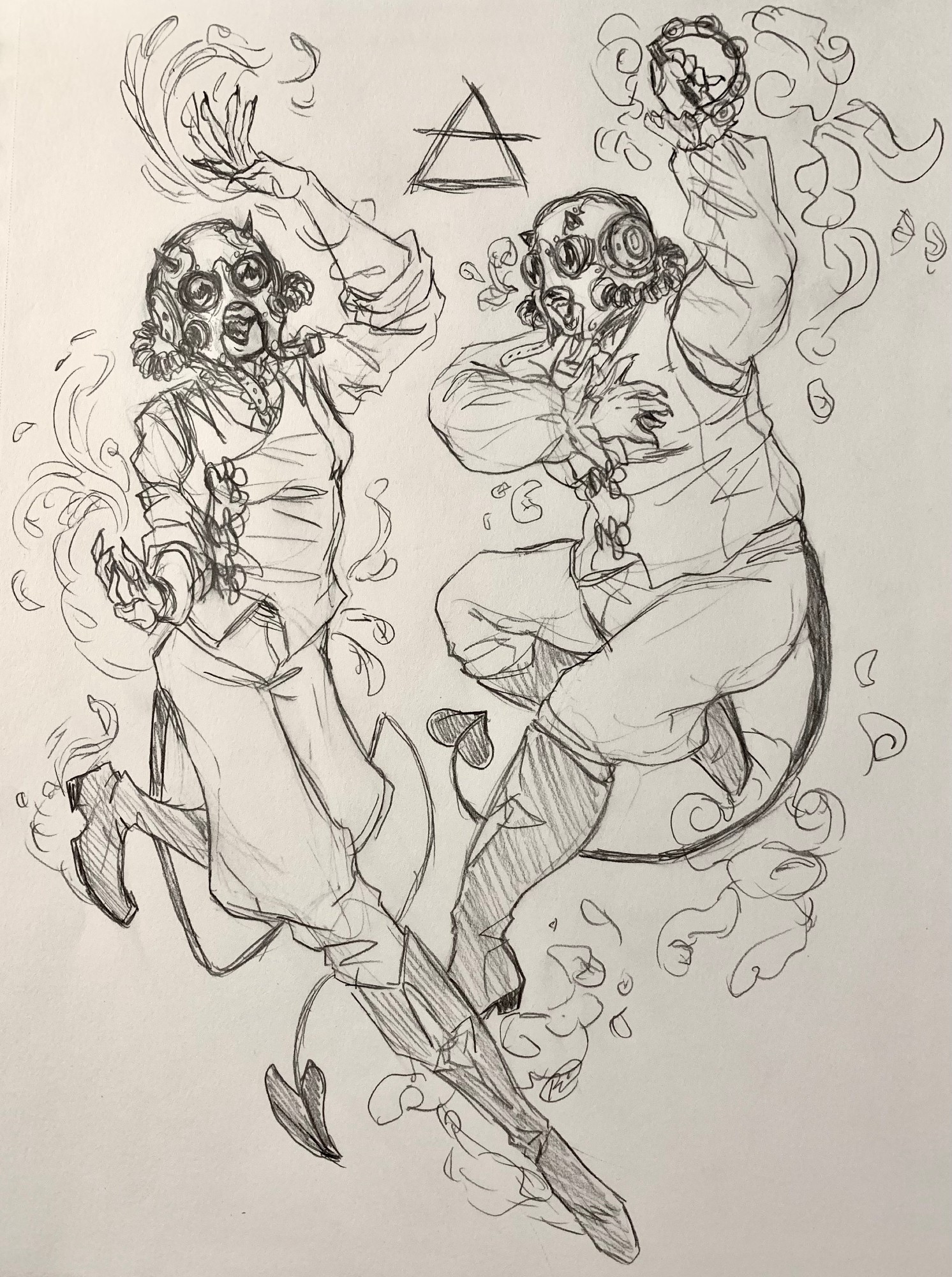 a stylized drawing in pencil on paper of the nameless ghoulettes nicknamed cirrus and cumulus from the band ghost. On the left, cirrus is  smiling with her mouth open showing sharp teeth while posing with an arm over her head dramatically controlling wispy cloud-like strands, her other arm in front of her doing the same as one leg is stretched down and the other kicks up behind her covered in similar wisps. a long winding demon tail bends around behind her.

on the right, cumulus has a tambourine raised over her head surrounded by puffy cloud-like wisps, a few coming from her open mouth smiling with sharp teeth and facing cirrus. her other arm is tucked near her chest as one leg is folded under her, the other dangling next to cirrus' extended leg as a shorter demon tail tucks under her. all around cumulus are the same puffy cloud like wisps.

between both of them is the alchemical symbol for air, representing their element.