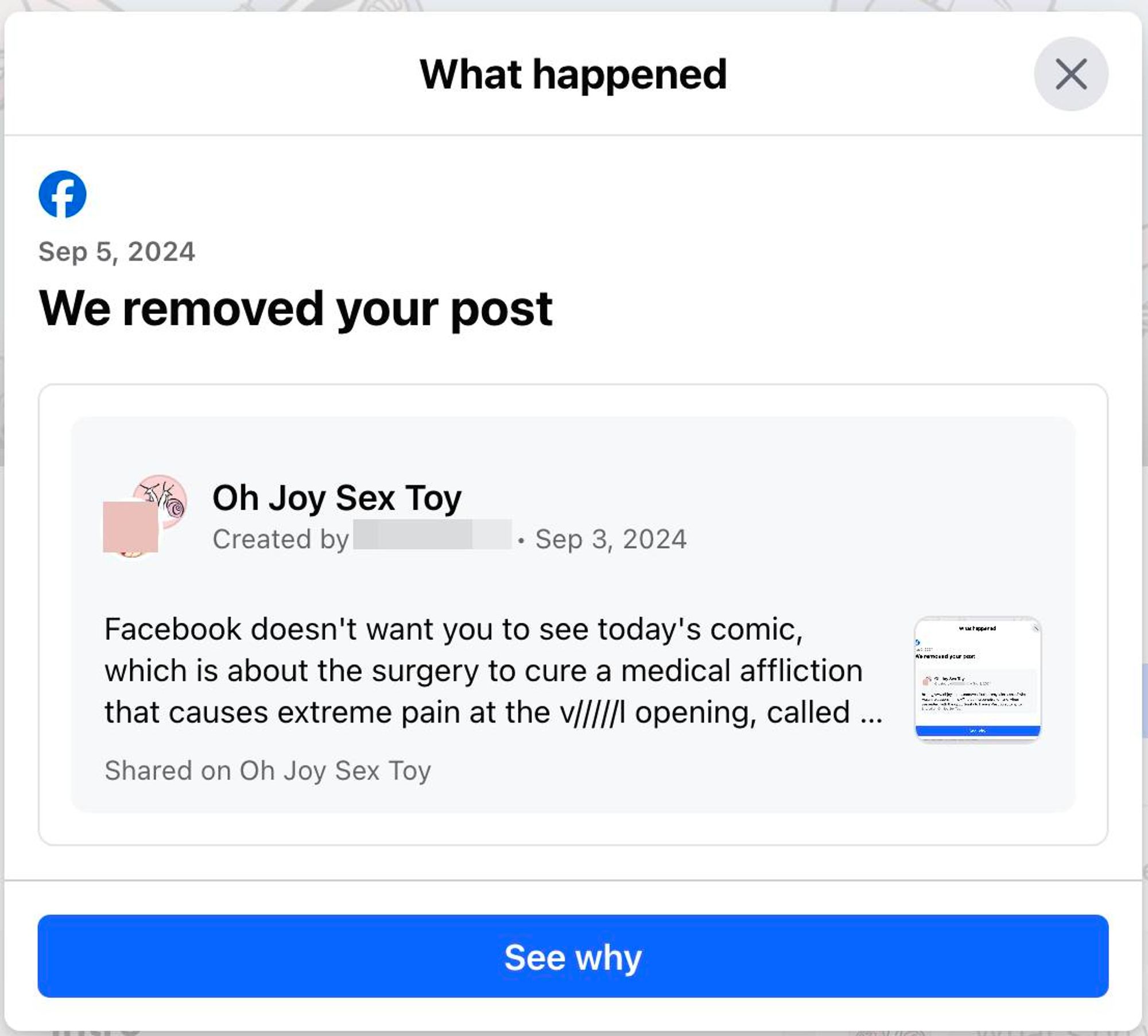 Screencap of Facebook announcing that it removed a post from the Oh Joy Sex Toy account that itself was an announcement that a previous OJST post had been removed.