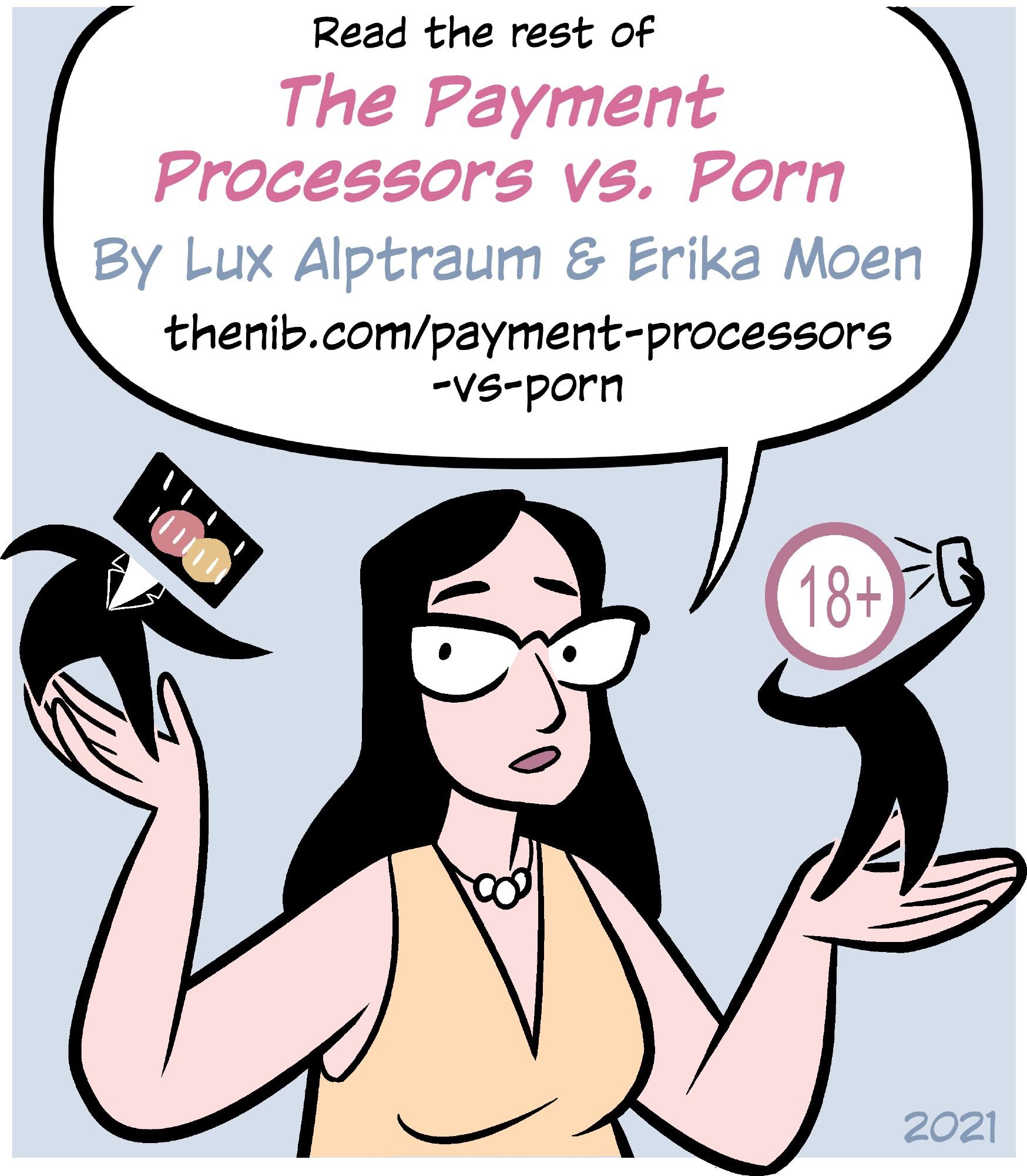 Lux balances a personified credit card in one hand against a personified 18+ symbol that is posing for a sexy selfie as she says, "Read the rest of The Payment Processors vs. Porn by Lux Alptraum and Erika Moen https://thenib.com/payment-processors-vs-porn/