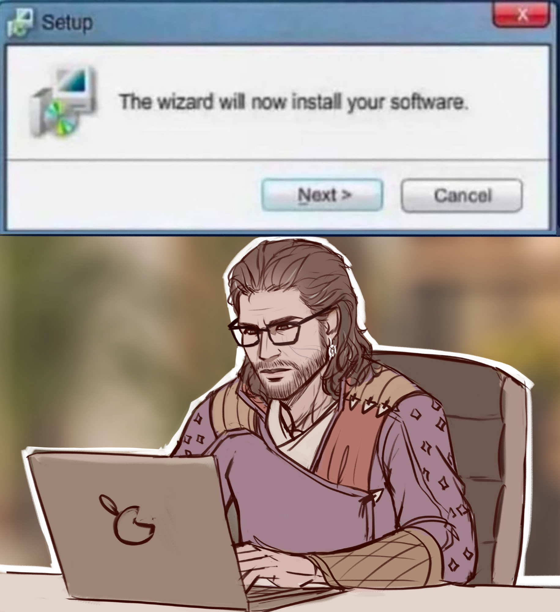 Top panel showing a setup prompt saying "The wizard will now install your software"

Bottom panel showing Gale in glasses, wearing his adventurer's robe while being on a laptop