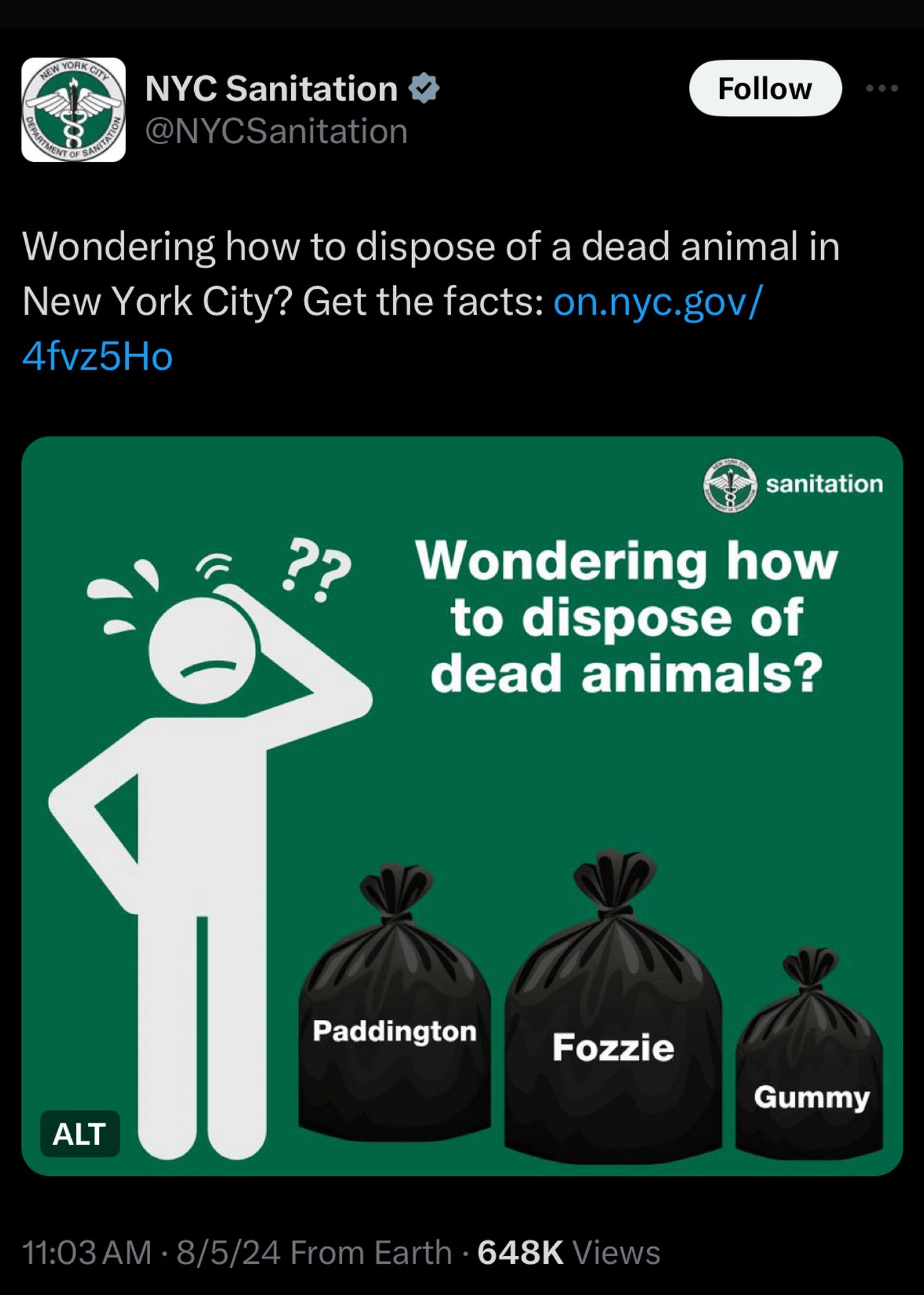 DSNY Tweet:

Wondering how to dispose of a dead animal in New York City? Get the facts: on.nyc.gov/
4fvz5Ho

An accompanying image includes a cartoon figure looking perplexed next to three garbage bags labeled Paddington, Fozzie, and Gummy