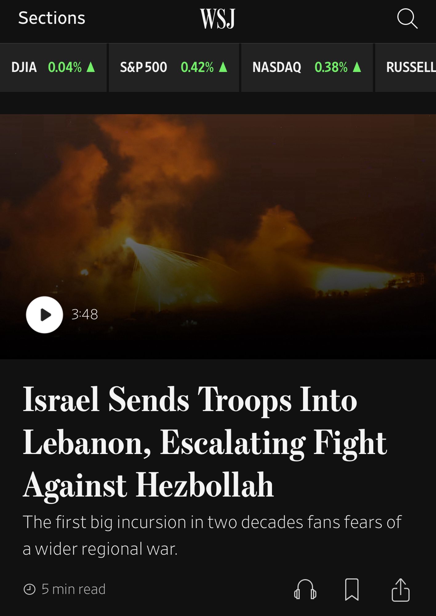 WSJ headline:

Israel Sends Troops Into Lebanon, Escalating Fight Against Hezbollah