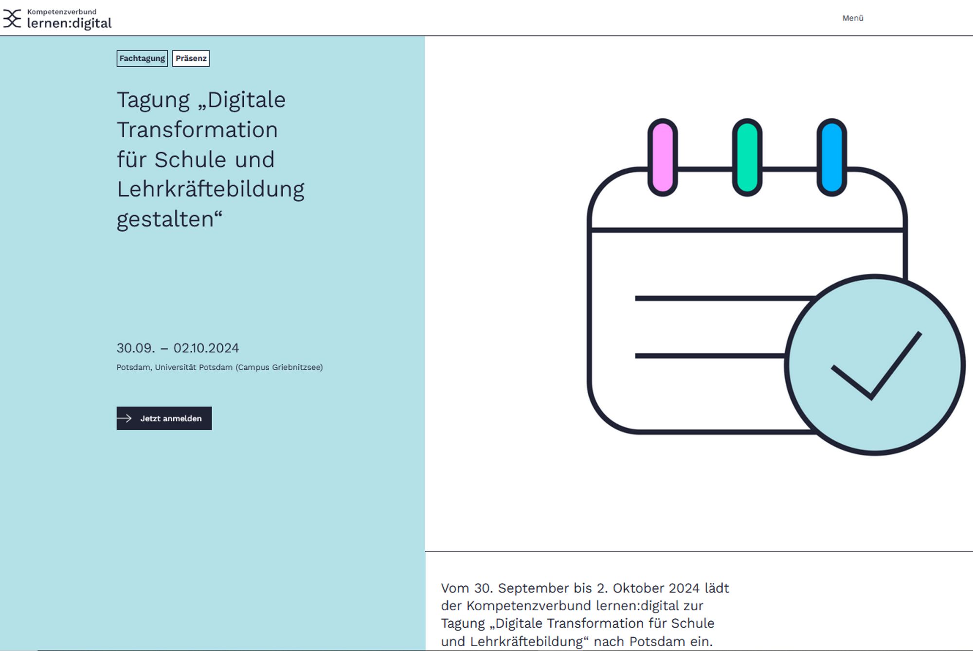 Ausschnitt der oben verlinkten Website von lernen:digital, mit INformationen zur Tagung "Digitale Transformation für Schule und Lehrkräftebildung gestalten"