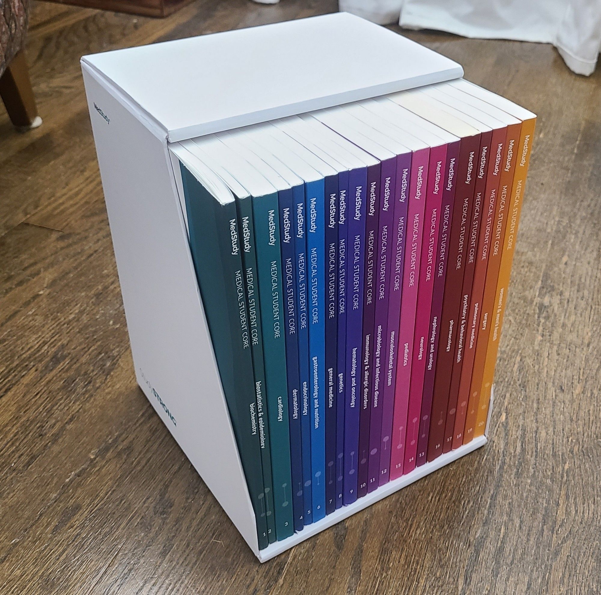 A set of narrow paperback books in a while slipcase, altogether about a foot tall and almost that wide and deep. The spines of the books are colorful and are labeled with the section they cover - cardiology, surgery, etc.