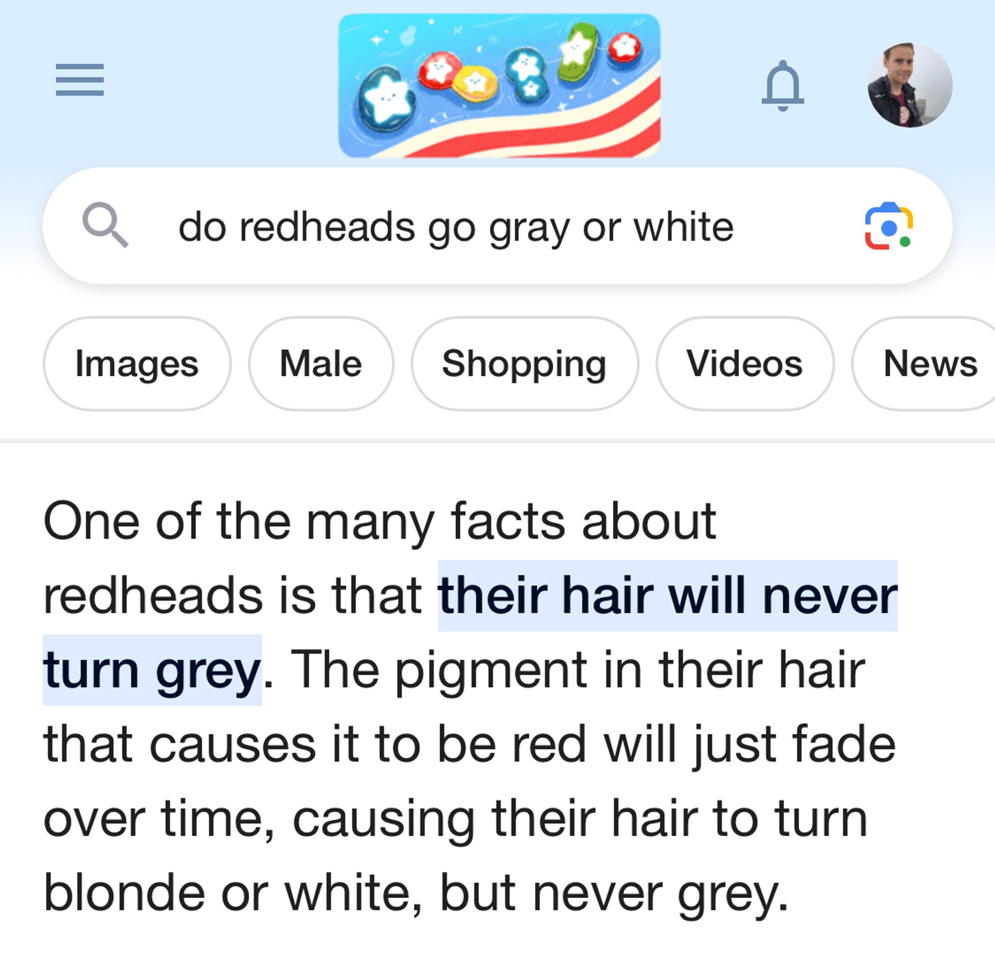 Google search: “do redheads go gray or white”. The result essentially says readheads skip gray and go straight to white hair.