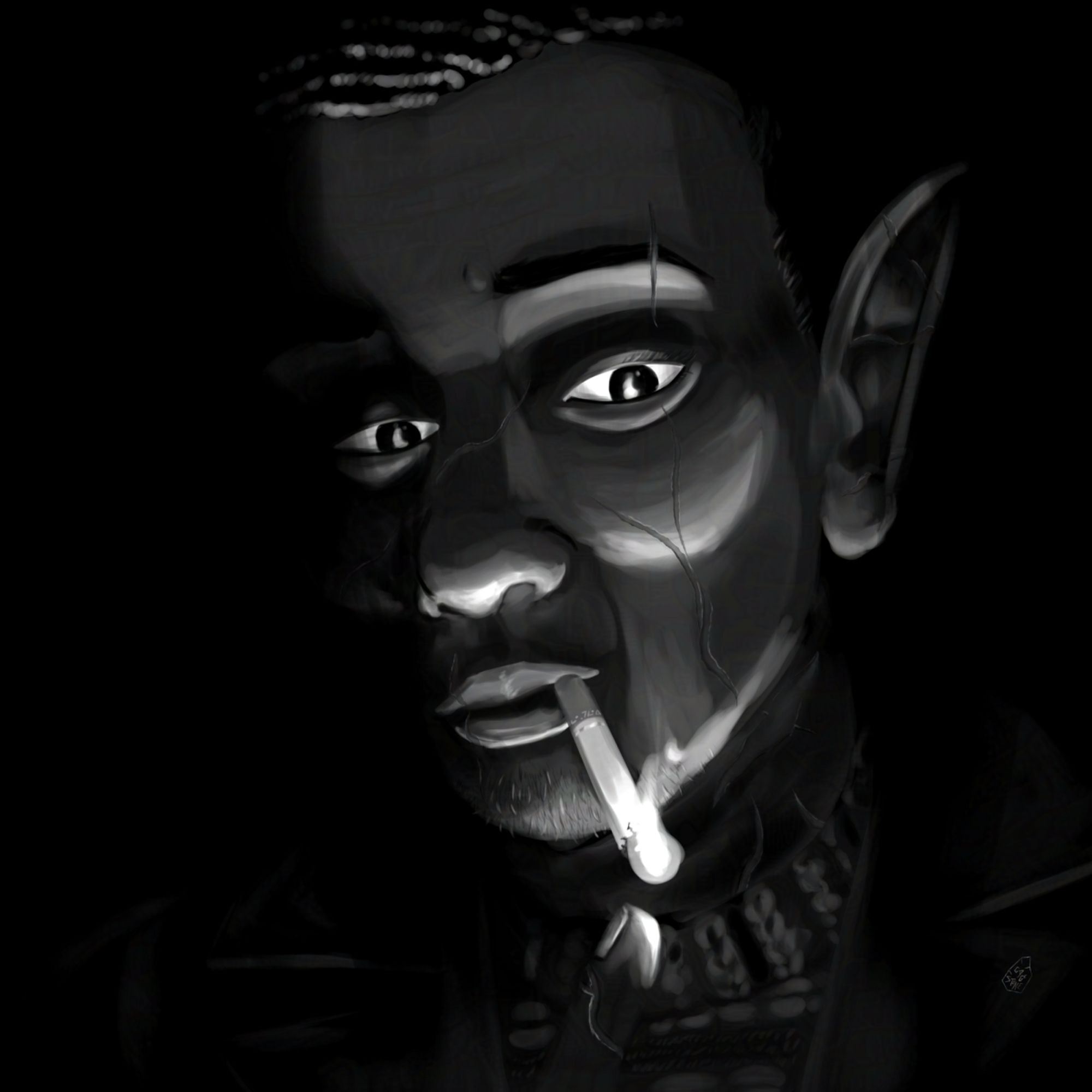 Digital B&W painting of an elf lighting a cig with his finger