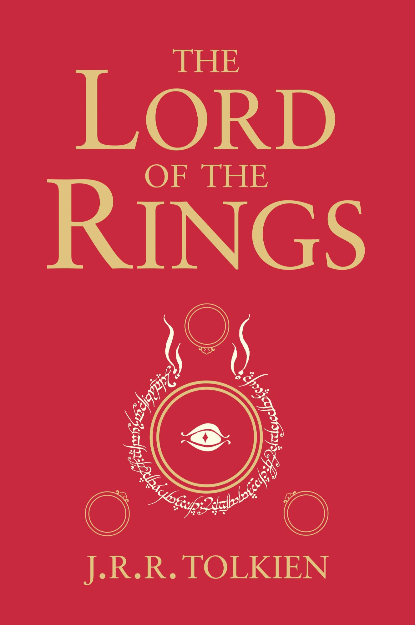 Red cover of J.R.R. Tolkien's Lord of the Rings, with gold text and a design in the center depicting the engraving on the One Ring and the One Ring itself, surrounded by the Three Elven Rings.