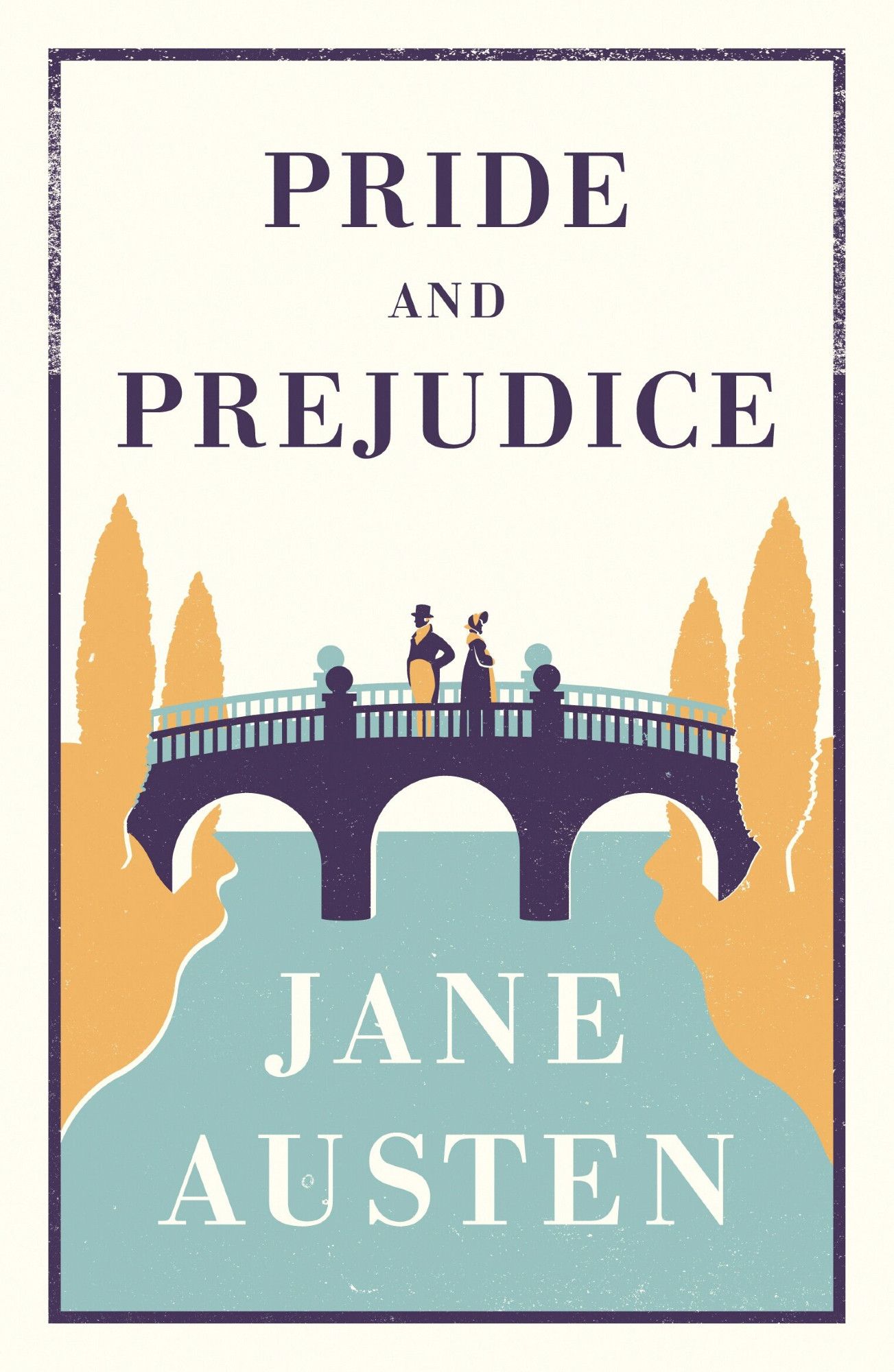 Cover of Jane Austen's Pride and Prejudice, showing a scene with the silhouettes of Darcy and Elizabeth standing in the center of a bridge with three arches. Below them flows a river in pale blue with Jane Austen's name in the center. On both sides are stylized trees in a light orange.