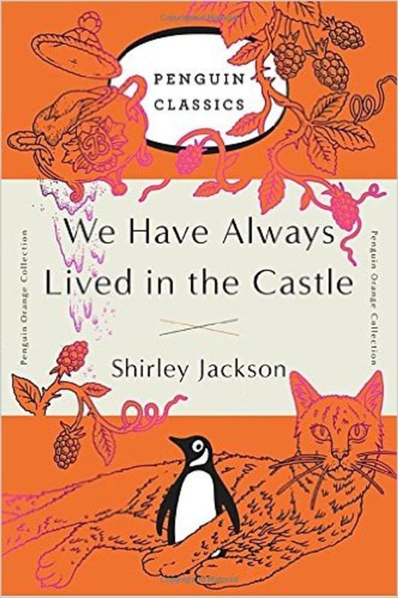 Penguin Classics cover of Shirley Jackson's We Have Always Lived in the Castle, showing a cat lounging around the iconic penguin, with other key images from the novel scattered around.