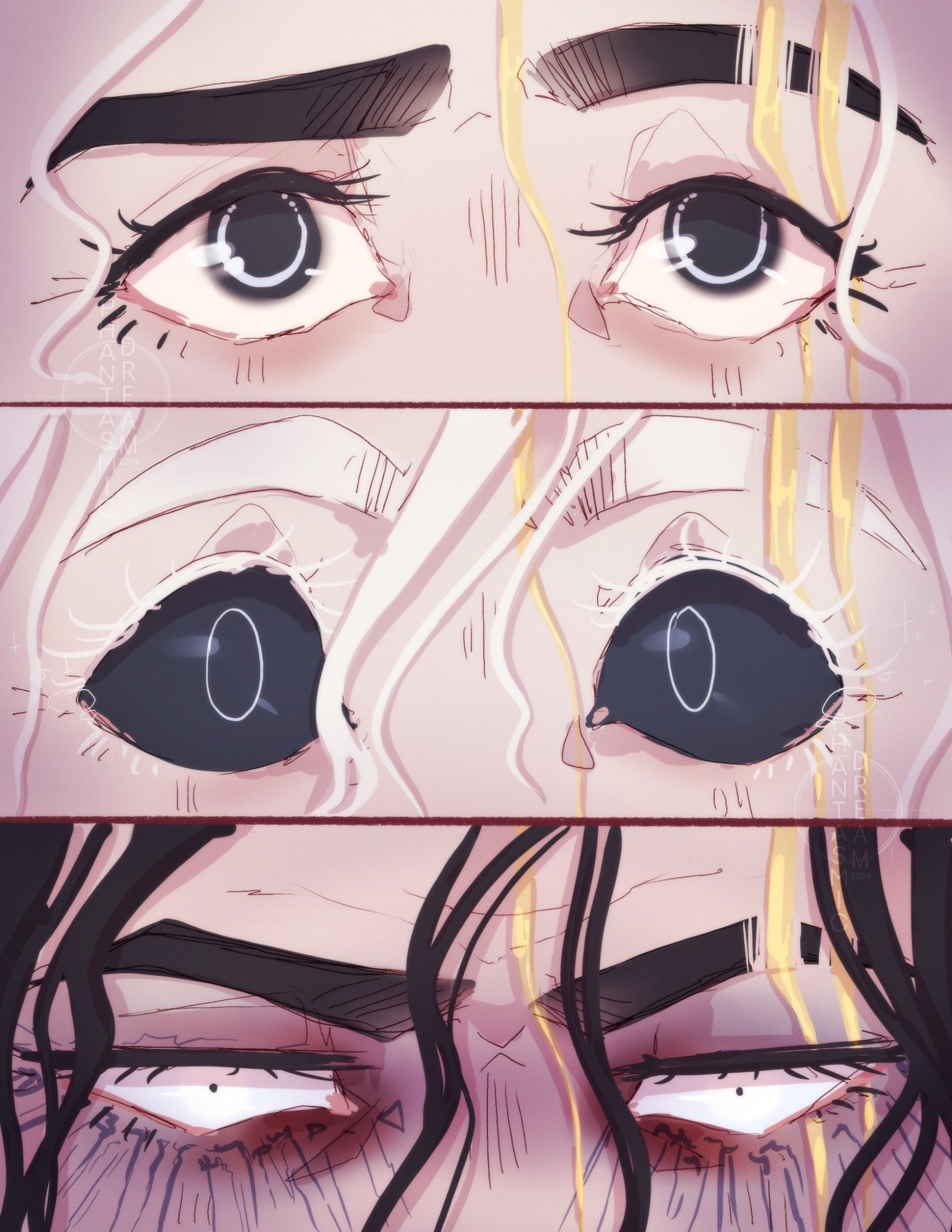 Three sets of eyes with Kintsugi scares on the face, the top the character shows ro have white hair black eyebrows and normalish looking eyes they're black with a light blue ring around it.

Middle eyebrows are white, eyes are widen. The whole eye is now black with a light blue ring for the iris.

Bottom, hair and eyebrows are all black. He looks angry with dark vains from his eyes. His eyes are white with a small black dot for a pupil