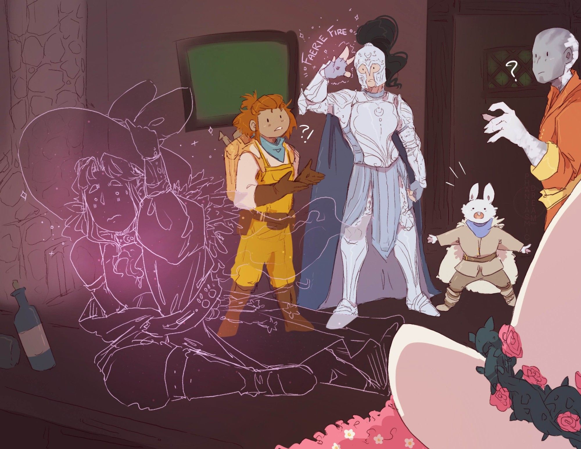 In a building, pink outline with pink glow of Rabbit jumping over a counter. Rabbit is an elf with long hair and a hat with rabbit ears. Neri human with short red hair, she wears mustard yellow overalls, brown boots, belt, and gloves. She has on a backpack. Neri has her hand up and is very confused. Beside her is an elf with his hand raised casting "Faerie Fire" with a pink glow around his hand. He's wearing silver-blue armour with moon symbols. Braevi a rabbitfolk/harengon has white first, wearing winter clothes is standing in a wide stance looking like she's shouting. Anzan a goliath with white scales on his hands and head wearing an orange monk outfit looking over confused. In the front is someone wearing a white hat with thorns and flowers, with bushy pink hair coming out from under the hat.