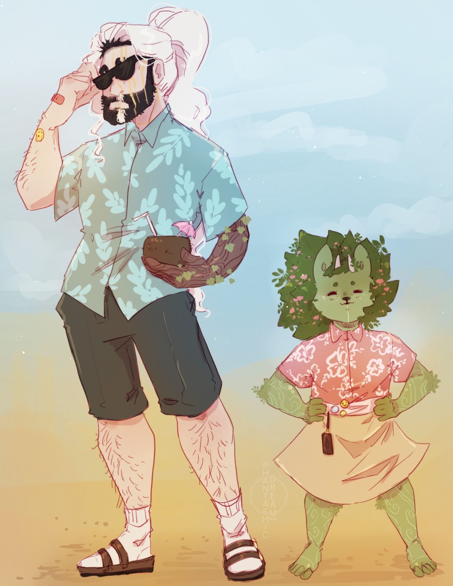 Man with white hair and black beard standing with sunglasses on. He has a tree branch looking left arm and wearing a "Hawaiian" shirt, dark shorts, and socks with sandals.  Beside him is a green deer plant child, she wears a pink "Hawaiian" shirt, skirt,  and no shoes. They're enjoying their time at the beach!