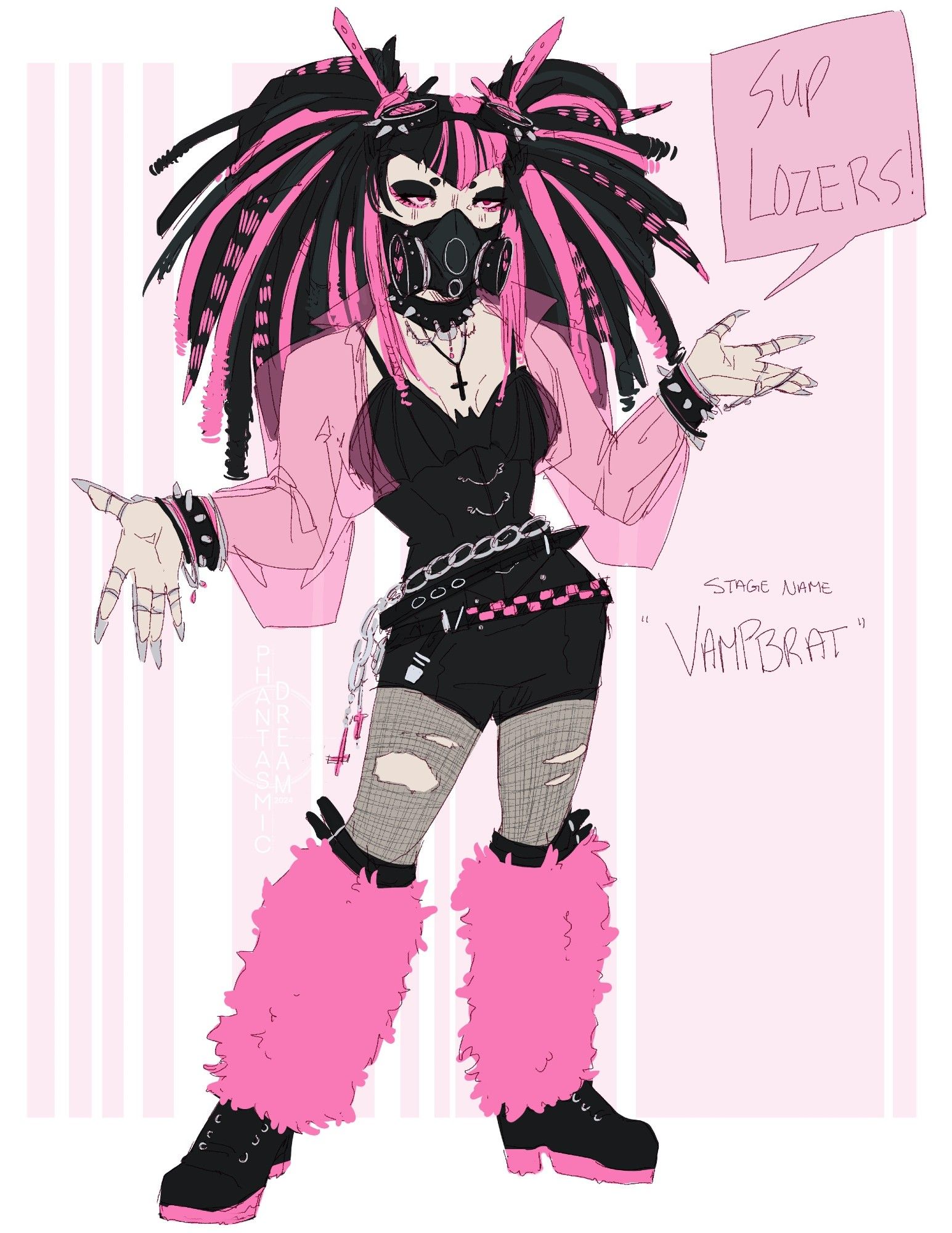 Vampbrat wearing a cybergoth style of clothing of her and clothes. Colours consist of Pink and Black. She wears a black gas mask, spiked bracelet, chained belt, fur boots, ripped nets, and a bat themed corset. she says "Sup Losers!" while in a sort of shrug pose.