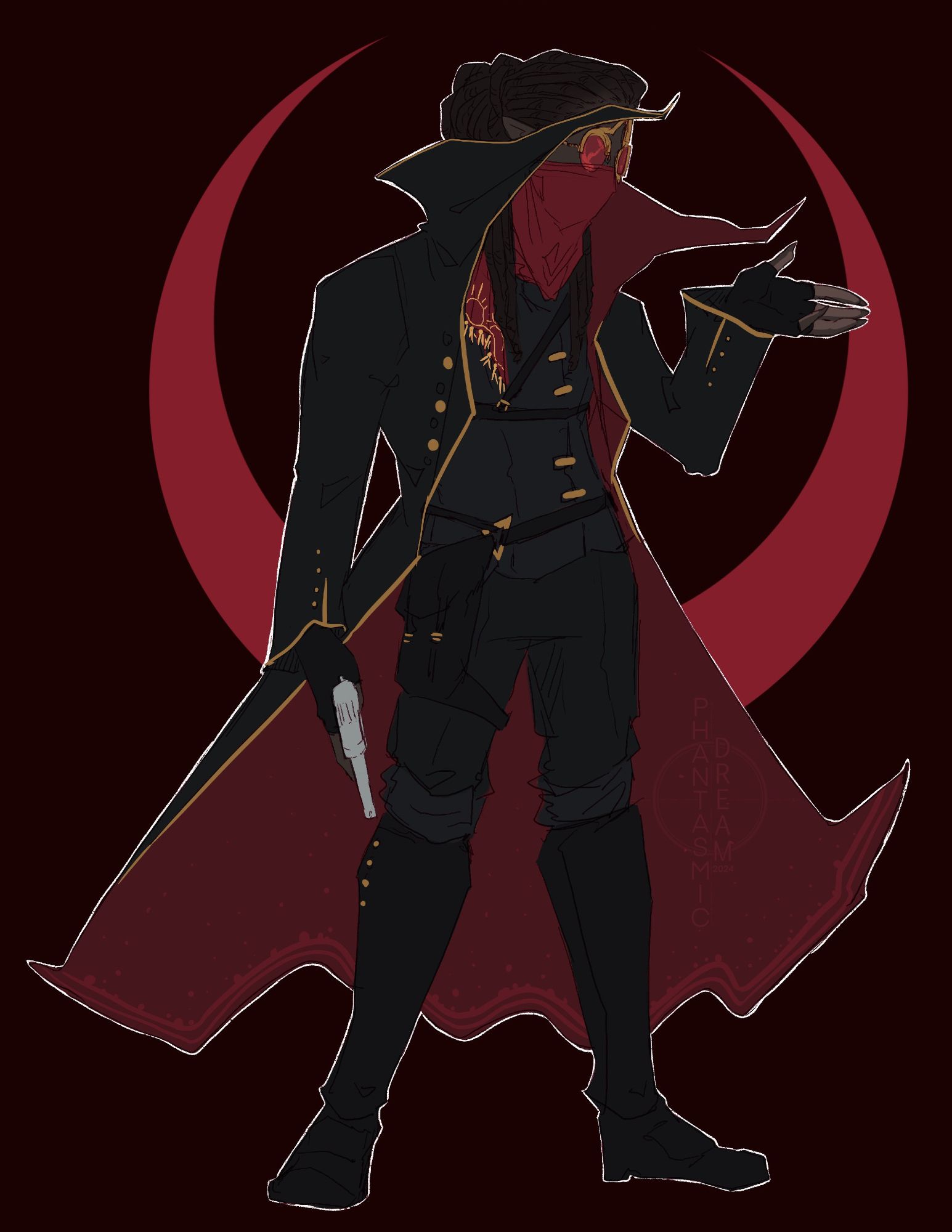 Raoul, wearing red gold glasses and bandana to cover his face. He wears a long black duster with a red interior that flairs out with the collar up. Fingerless gloves on his hands, he has his left one raised and his right holding a gun. Wearing dark colour clothing with black boots and belts.