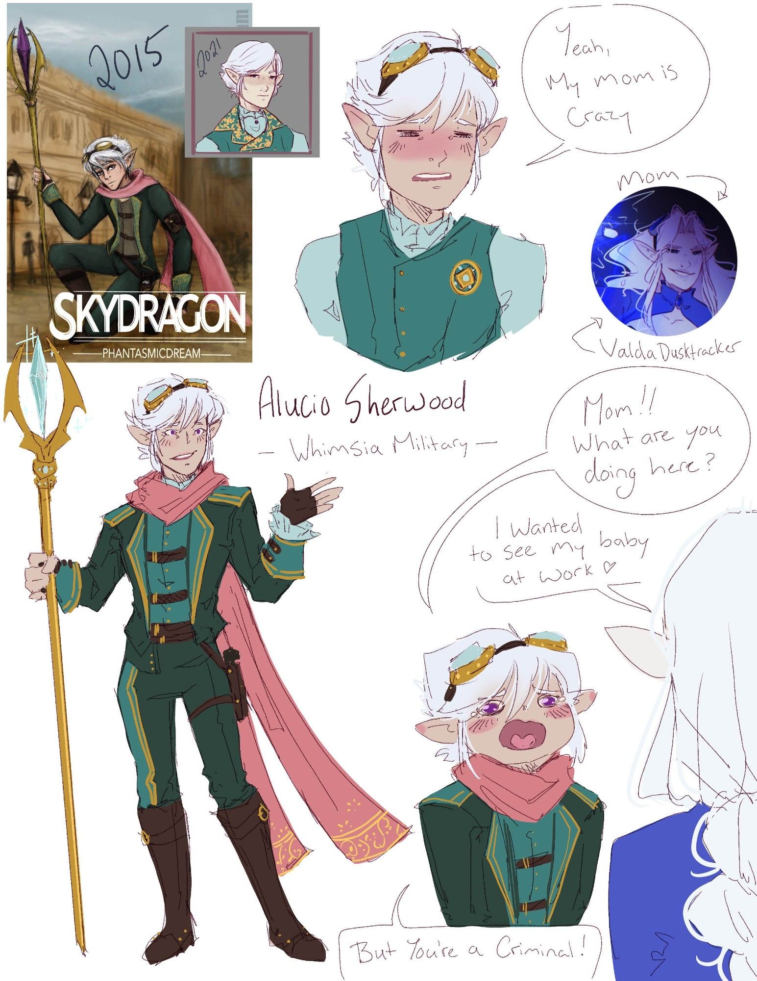 An assortment of drawings, Alucio is an elf with short white hair and purple eyes. Wearing goggles on his head, he wears blue-green coloured clothes with a salmon pink scarf. He wields a strange staff with a crystal in the middle. Top left is old drawings from 2015 and 2021. Over is Alucio eye closed saying "Yeah, my mom is crazy". Valda Dusktracker an elf with white skin and hair, dark blue eyes, she wears blue. The circle icon is Valda casting lightning. Bottom is Alucio with watery eyes talking "Mom! What are you doing here?" Valda, "I wasn't to see my baby at work", Alucio "But you're a Criminal!"