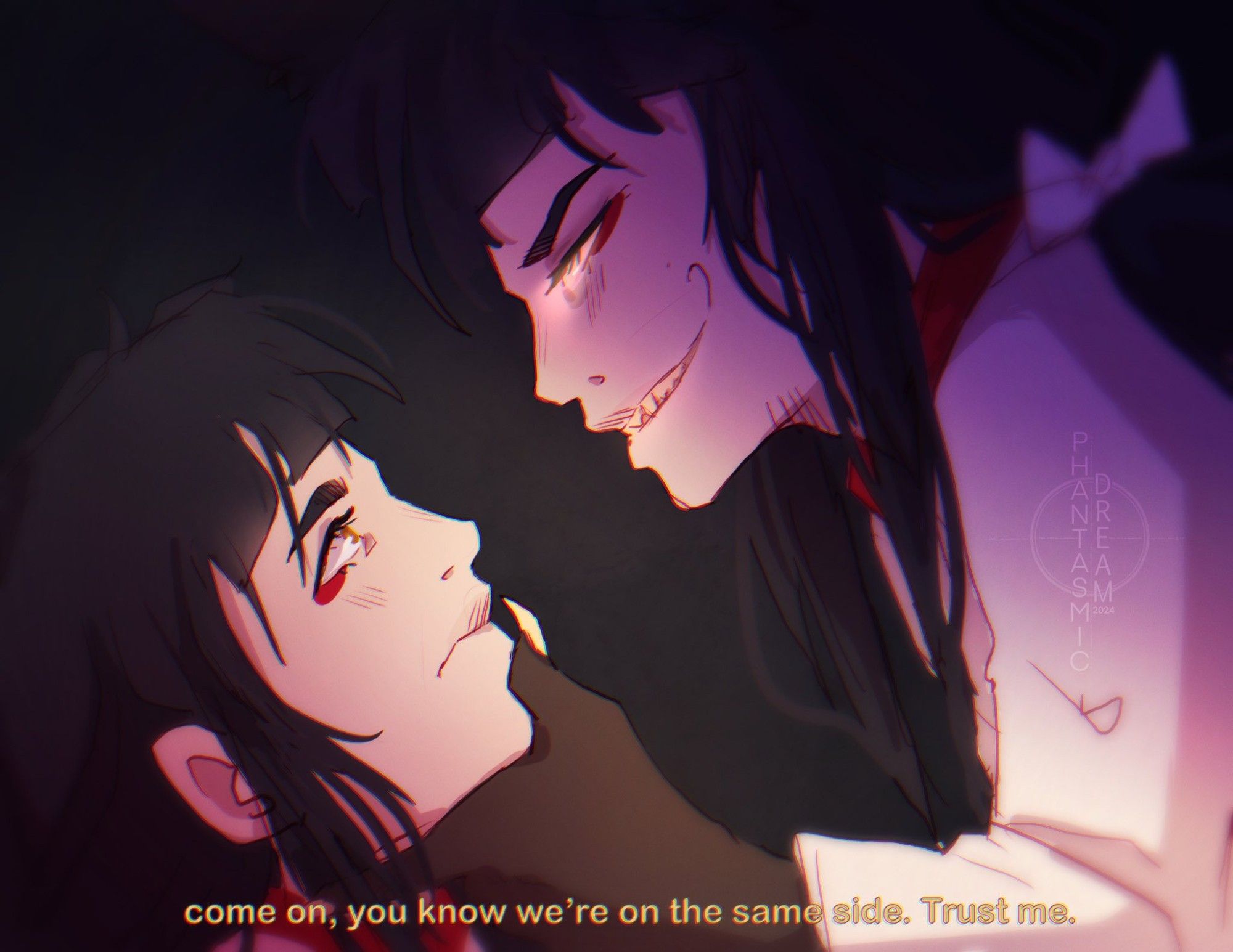 Ami, messy black hair, brown eyes with red eyeliner. His eyes are widen his head is being lifted up by a more scary version of himself. His eyes are glowing yellow, with a wicked smile. text saying, "Come on, you know we're on the same side. Trust me."