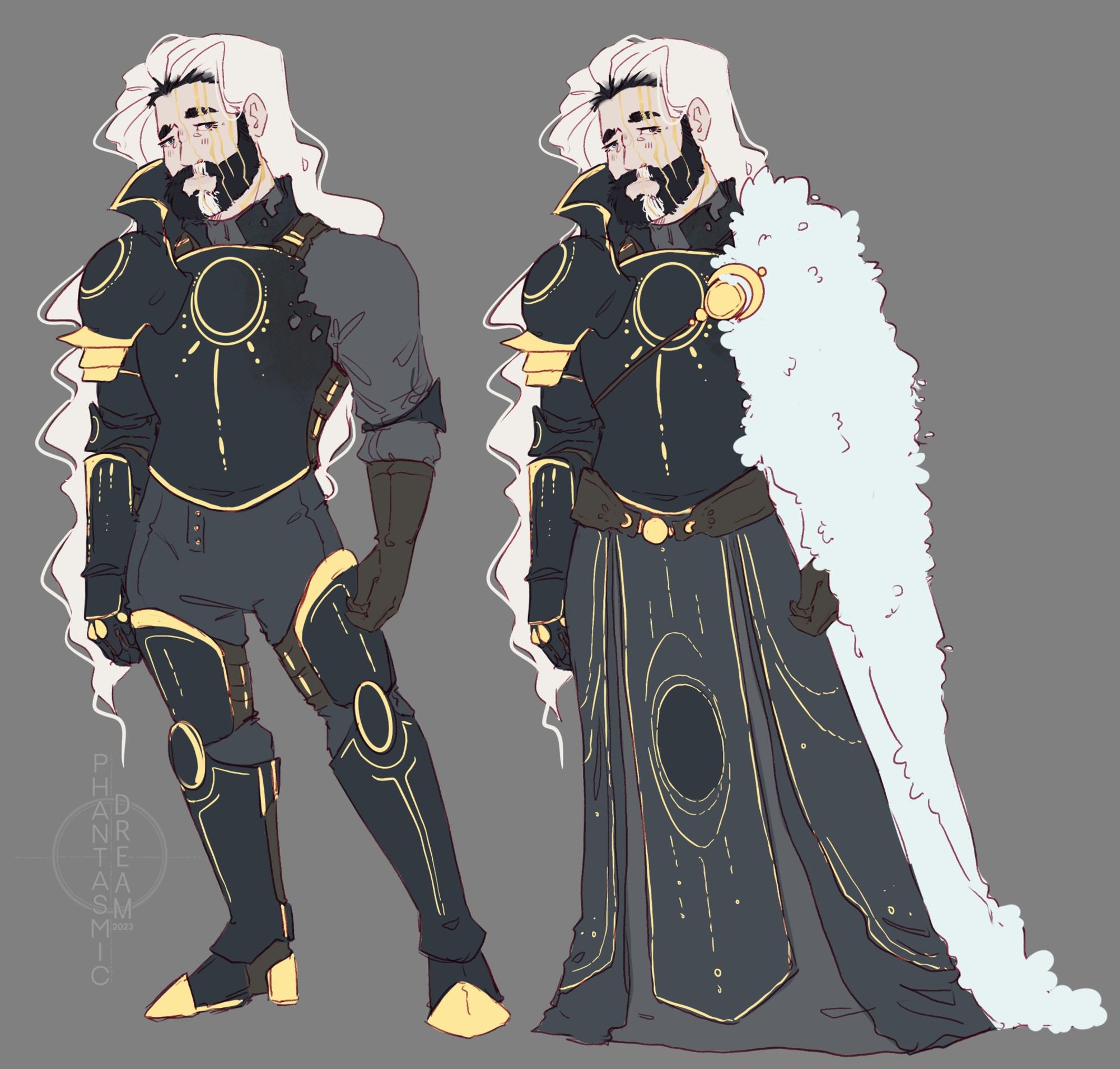 Reference, a made standing with long white hair and a black beard with white patches. Kintsugi scars on his face. He wears broken plate armour that is black with gold accents on it giving eclipse vibes. The post beside is same character with similar armour but he has a fur cloak and skirt that has same details as the armour.