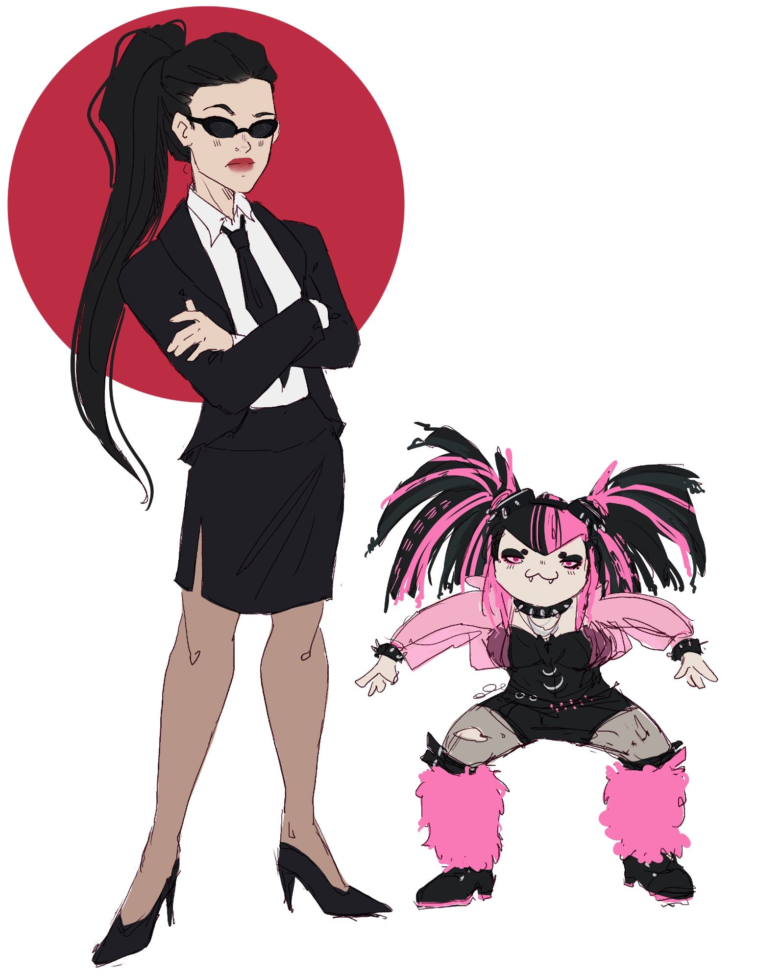 Vanessa wearing black sunglasses and red lipstick has her black hair tied up in a pony tale. She wears a nicely tailored suit with a pencil skirt, nets, and high heels. Her arms are crossed, she's unamused.  VAMPBRAT being gremlin is wear cybergoth style clothing in black and pink.