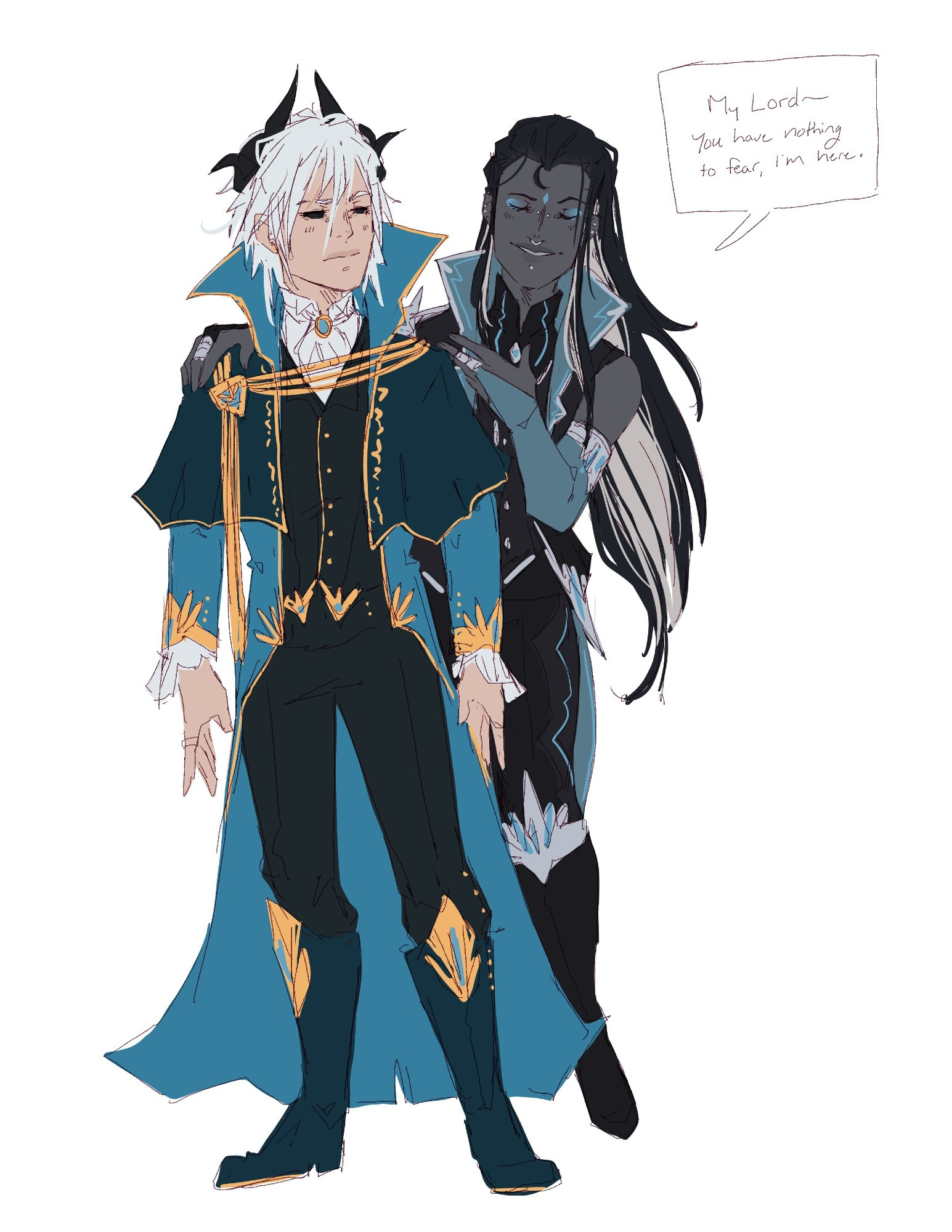 Asher (nephilim) has white hair, black eyes and horns. He's standing in front wearing a long teal coat he looks over at Lucius who’s standing behind him. Lucius has grey skin, black and white hair, and has piercings on his face. with his hand in Asher’s should and his other hand on his own chest says “my lord- you have nothing to fear, I’m here”