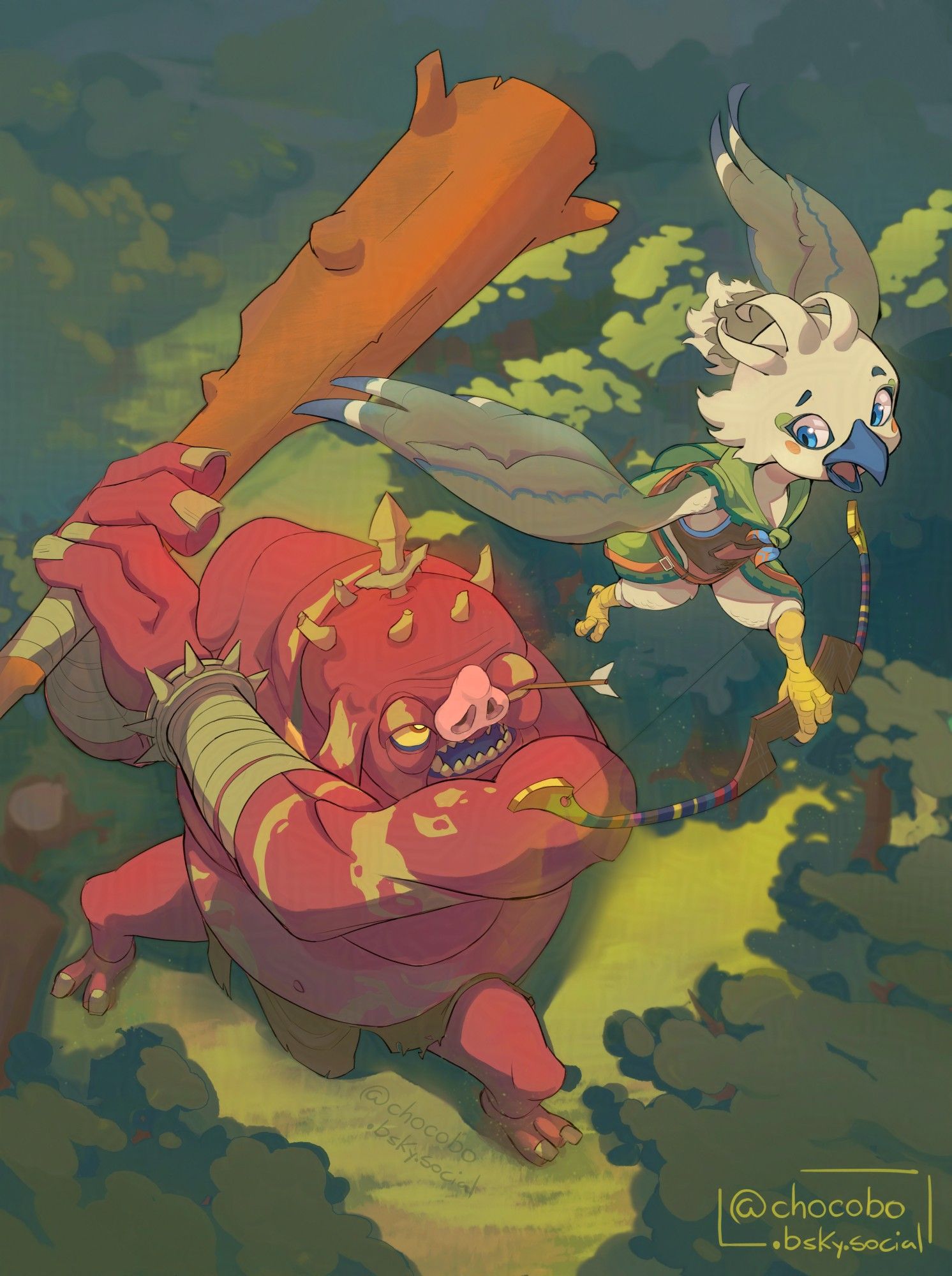 Tulin from Zelda TOTK flies away from an angry red Boss Bokoblin after shooting an arrow on it's left eye. They're on a forest, and the Boss Boko is ready to swing an huge wooden club at the bird boy.