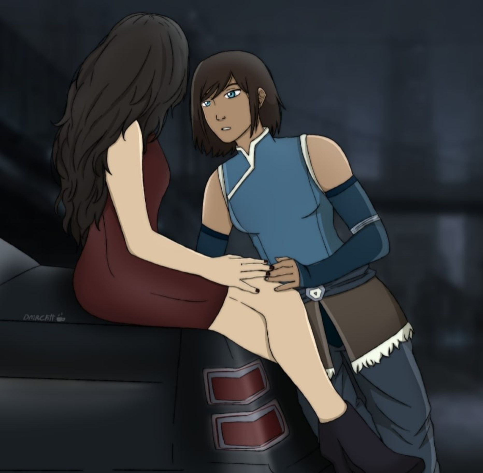 korra e asami de tlok se olhando na alma apoiadas num carro preto