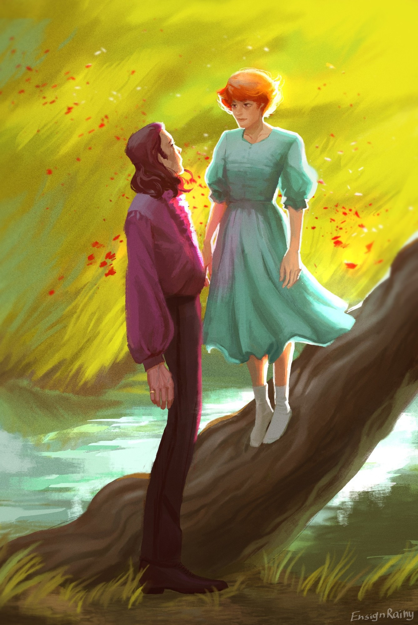 An illustration of two people, one in a blue dress, standing on a log, another one is in a purple shirt and purply-black pants, you can see the ring on the second person's finger. Te background is a green field and a small river/waterflow under a log