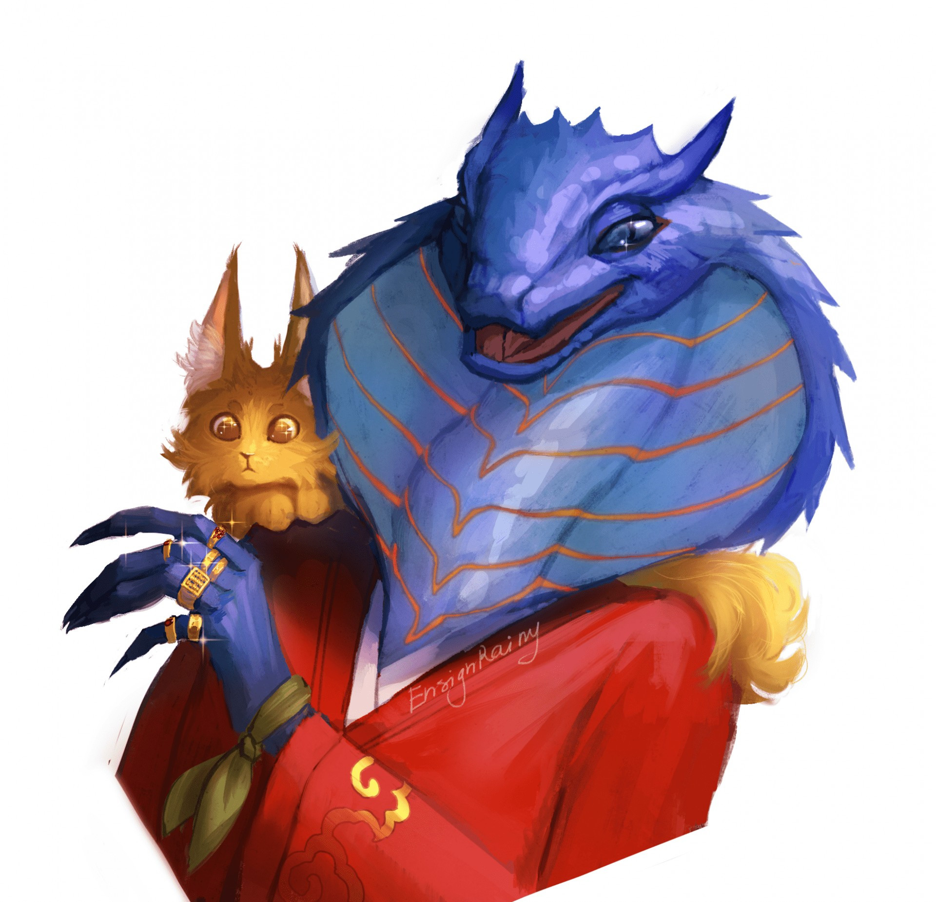 Portrait of a blue sethrak (reptilian) smiling. He has a lot of rings and is wearing a red robe. He has a little fluffy companion on his shoulder