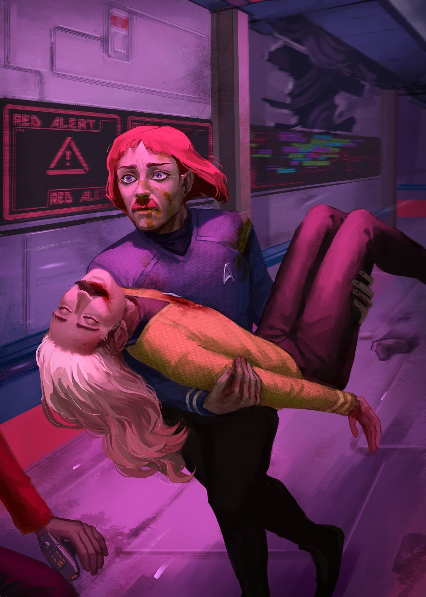 Science officer carrying wounded captain, running through the corridor on a spaceship, both are in Startrek Reboot style uniform, you can see a possibly dead engineer's hand in the corner, holding a phaser. Science officer is a vulcan and captain is a human. Science officer has tears in his eyes. The screen next to them is showing "RED ALERT", some parts of the ship behind them are broken, other screens are glitched, you can also see a lost phaser on the floor