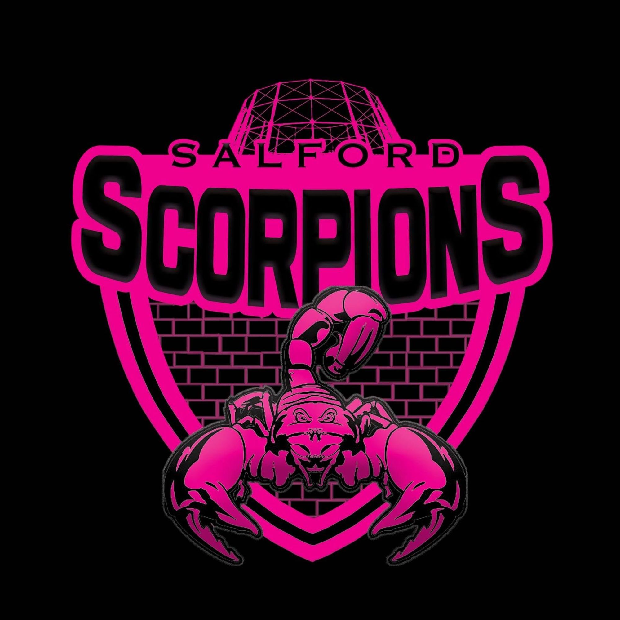 Salford Scorpions logo:  bright, hot-pink scorpion looking fierce in a shield shaped badge. Salford Scorpions written across the top.