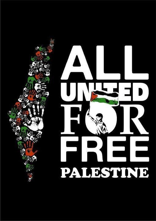 dessin aux couleurs du drapeau palestinien avec des mains de différentes taille qui forment la bande de Gaza et, ecrit en gros : ALL UNITED FOR FREE PALESTINE avec un enfant qui brandit un drapeau au centre du O