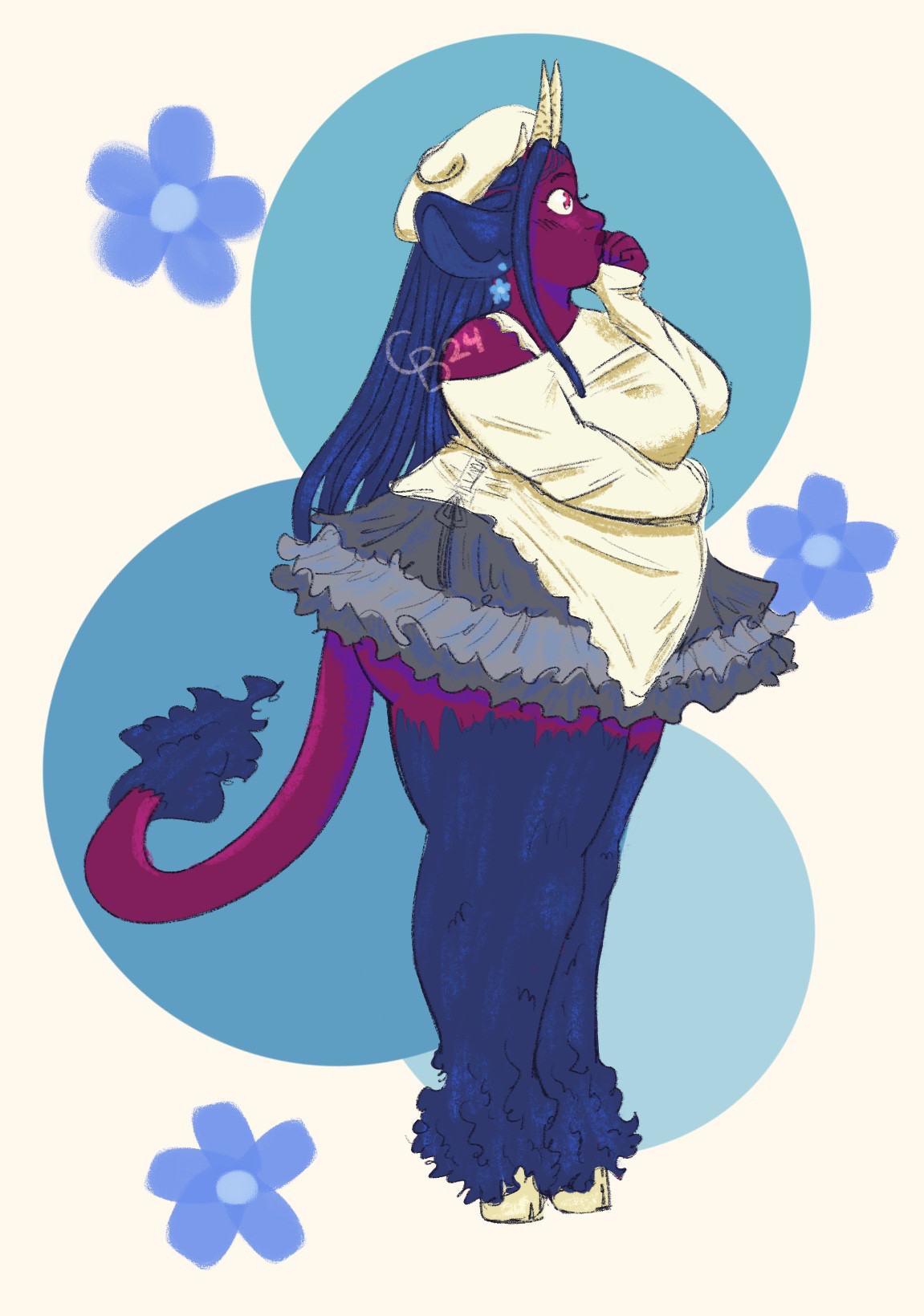 full body art of a plus-size demon with cow features facing the right. her skin is magenta and her hair is dark blue. she is wearing a white beret, a white long sleeve top, and a grey layered skirt that ends at the upper thigh. the background is an off-white with circles and flowers in varying shades of light blue. the watermark says “CB 24”.