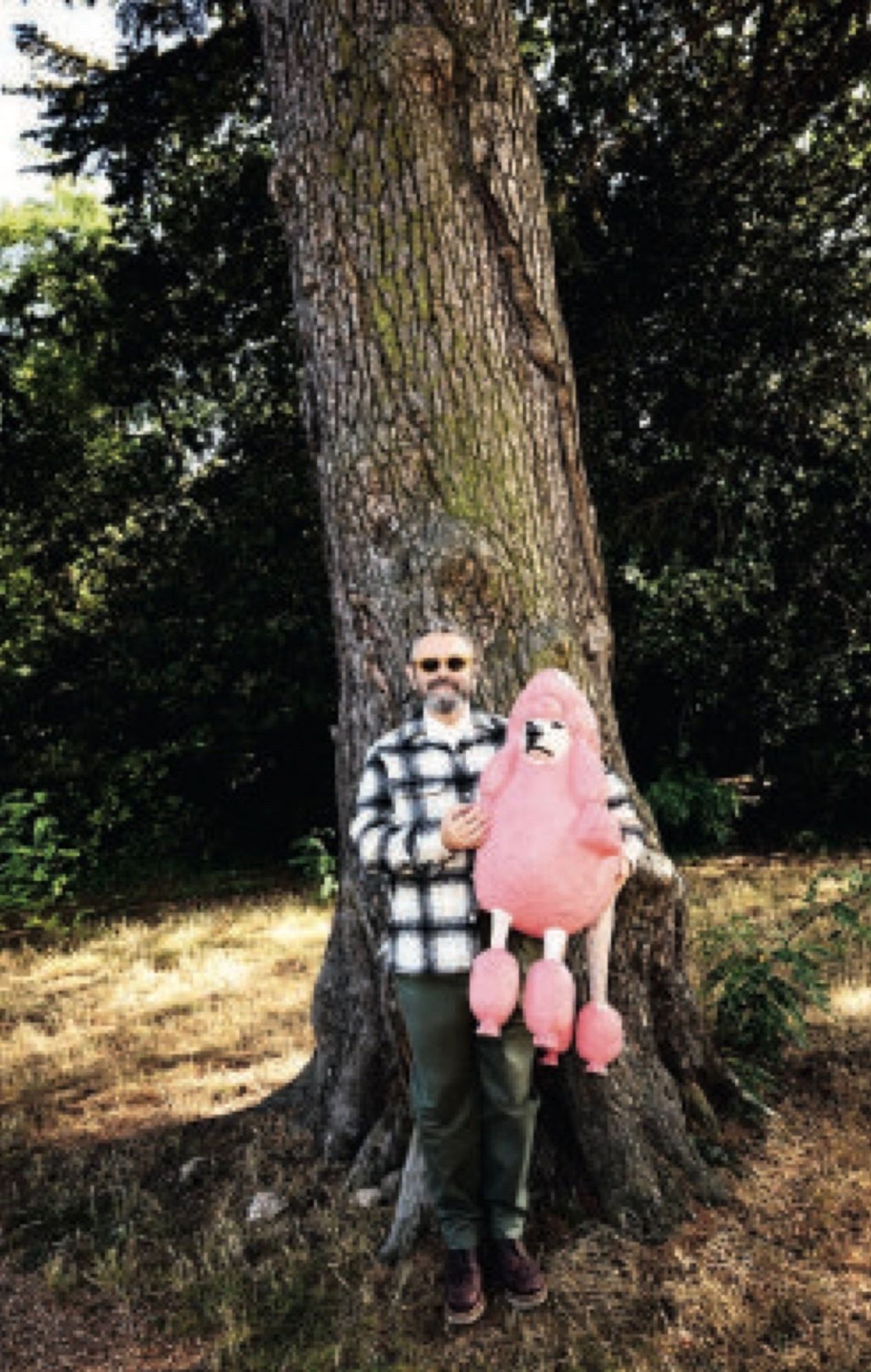 Michael Sheen holding a giant pink poodle doll. He is outside in front of a big tree. His shirt is a black and white tartan and he’s wearing sunglasses.