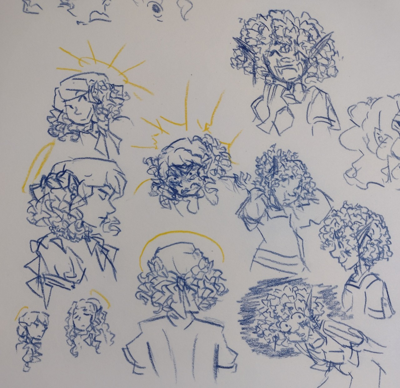 A page of small sketches of a fancifully dressed aasimar with a halo and a scarred elf dressed as a knight. Both have curly hair, with notably thicker, denser curls on the elf. The two are drawn from a few angles with a few different expressions.