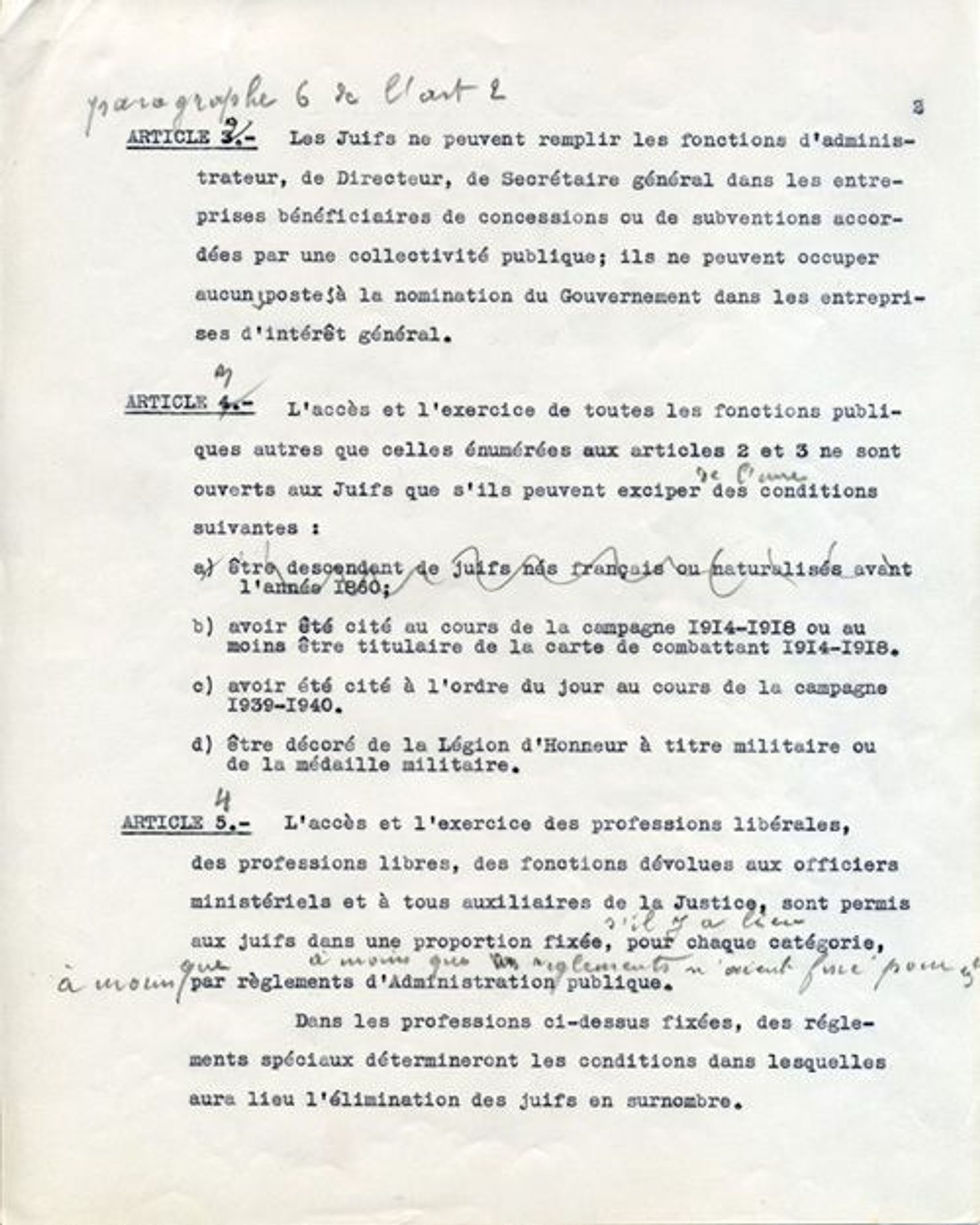 Text of the status of the Jews, annotated by Marshal Pétain