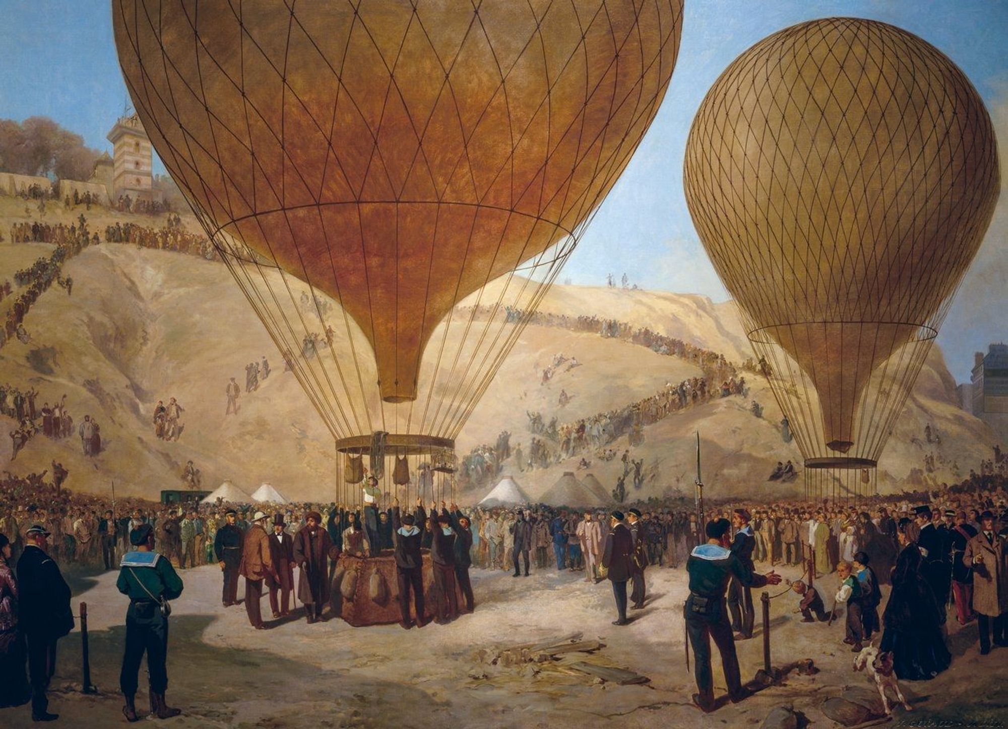 Léon Gambetta preparing to mount in the air ballon. Painting by Jules Didier.