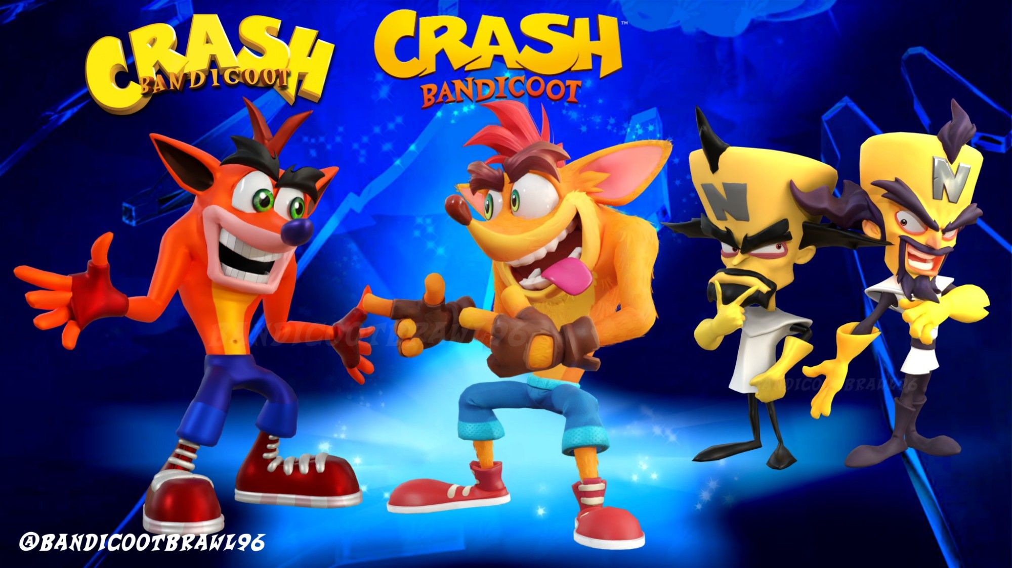 Crash Bandicoot celebrating with his past self, while Dr. Cortex is trying to get his past self to warm up to them teaming up