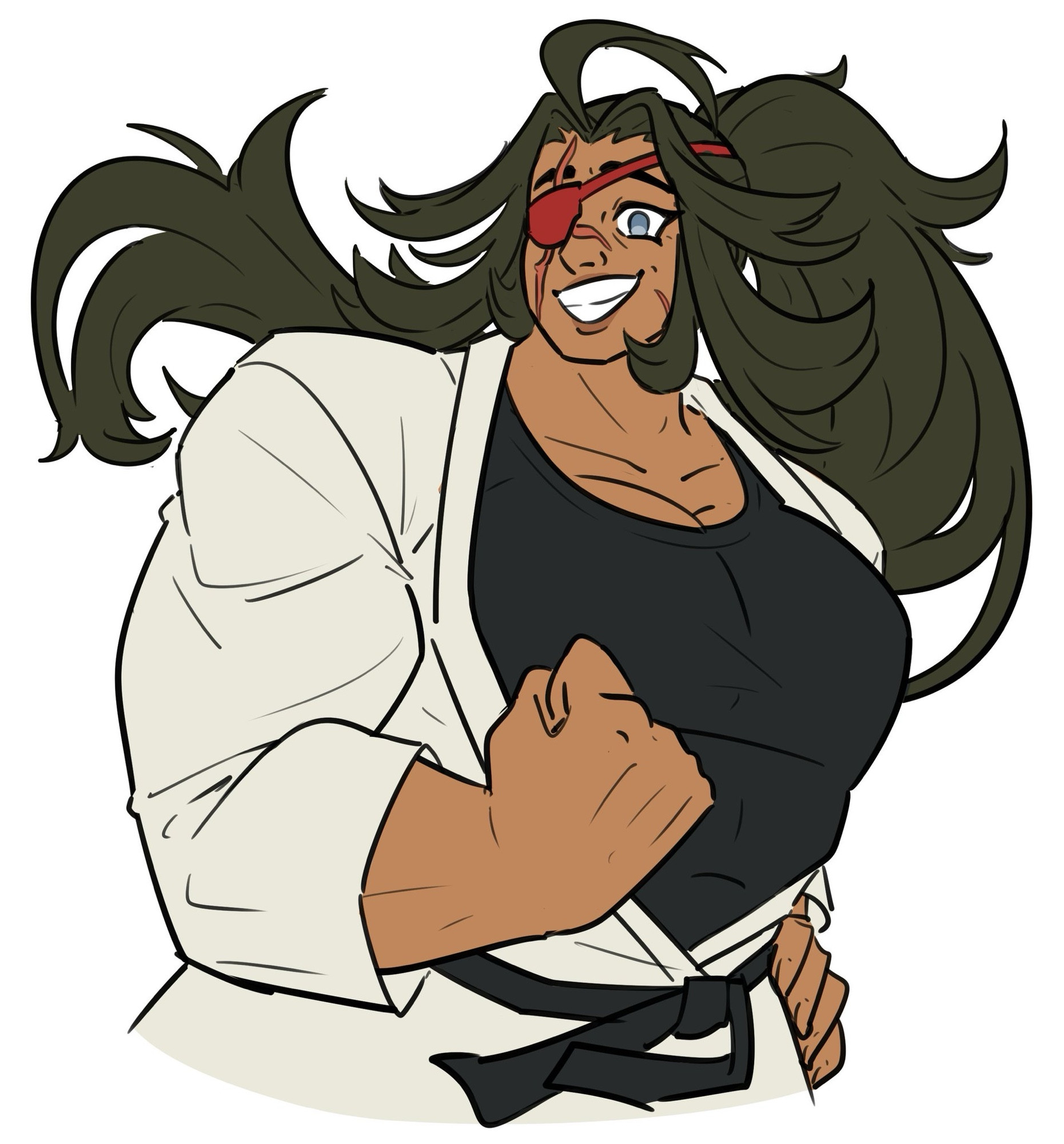 Daiko Nishimura, one-eyed martial arts instructor. In this image, she’s wearing a white karate gi over a black tank top, and a red eyepatch to cover her scarred eye. Her more outgoing alter is fronting, and is doing a triumphant fist pump with a big smile.